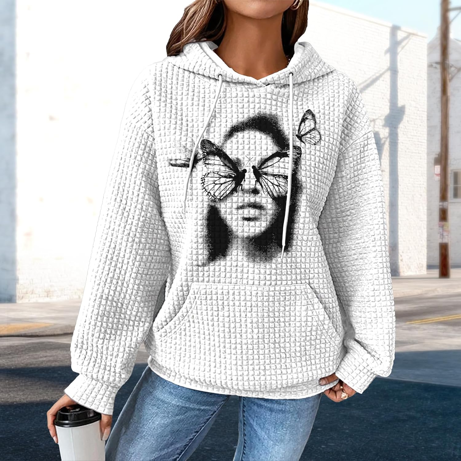 Pullover Sweatshirts For Women Drawstring Long Sleeve Waffle Sweatshirt With Pocket Vintage Street Wear Qutfits - Image 2
