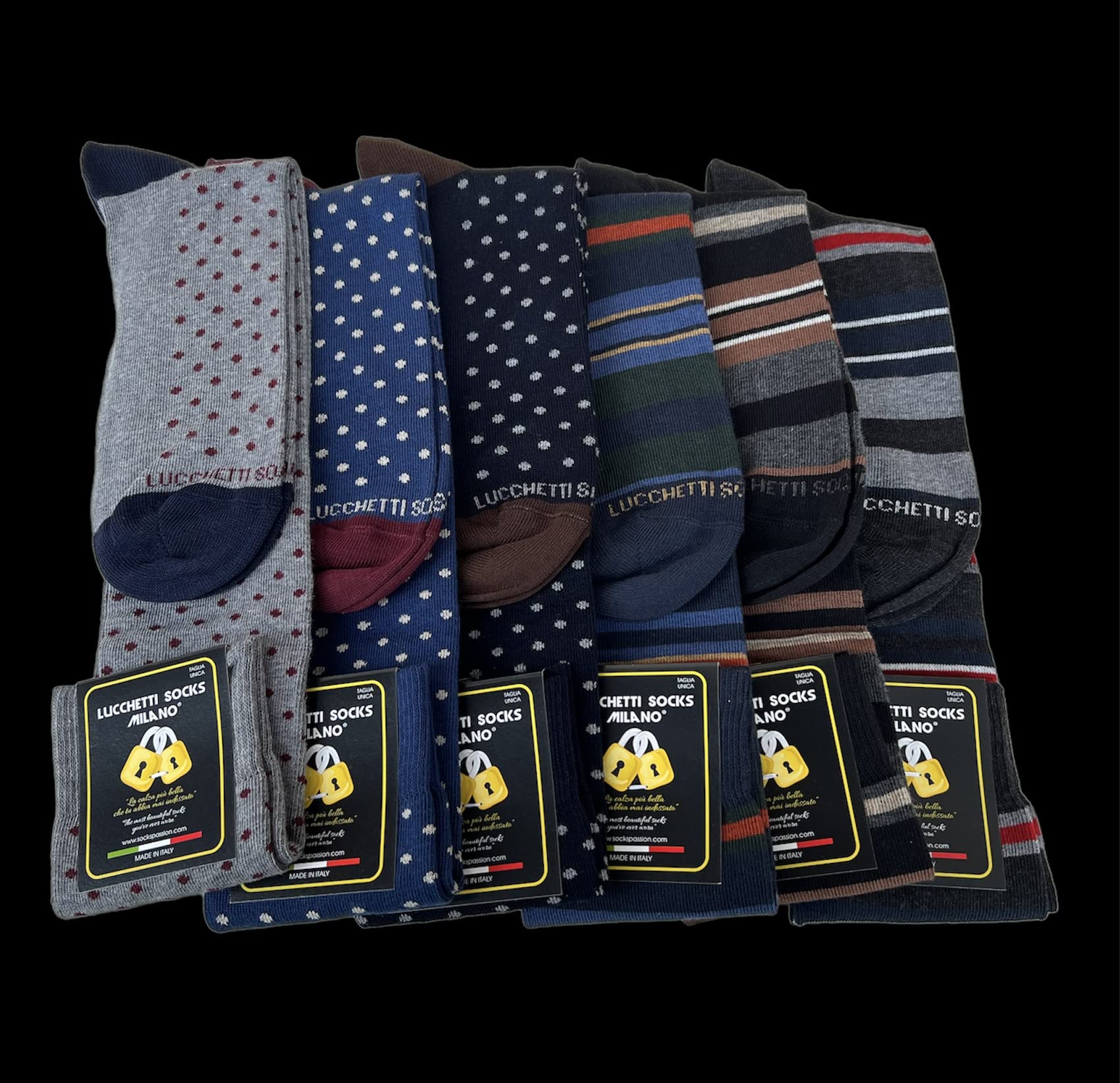 Lucchetti Socks Milano Set de 6 pares de calcetines largos de algodón cálidos para hombre de colores de tendencia estampados de lunares de moda Made in Italy