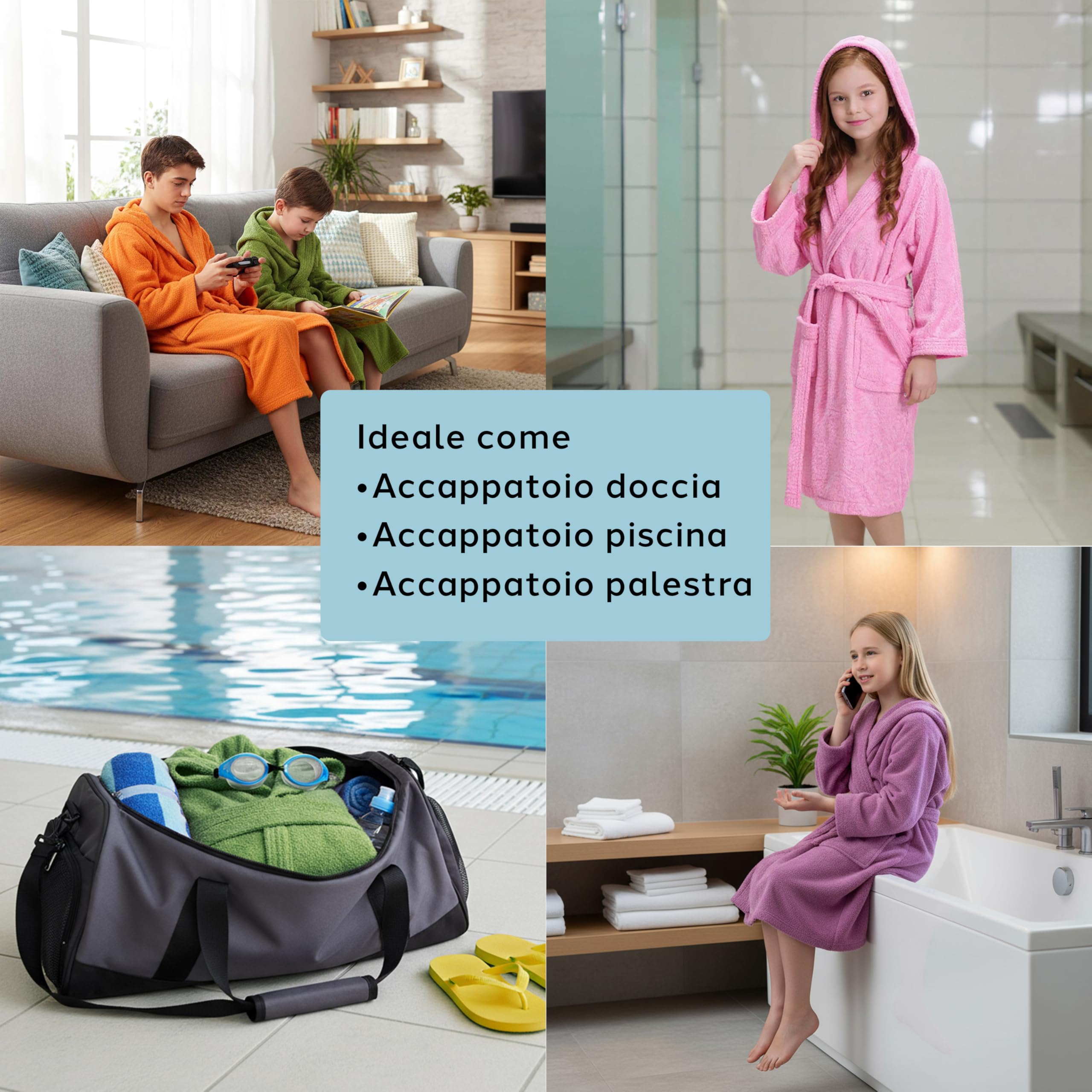 Caleffi - Accappatoio Ragazzo - Accappatoio Bambina – Realizzato in Spugna con Cappuccio, Cintura e Tasche – Ideale per Casa, Piscina o Spiaggia