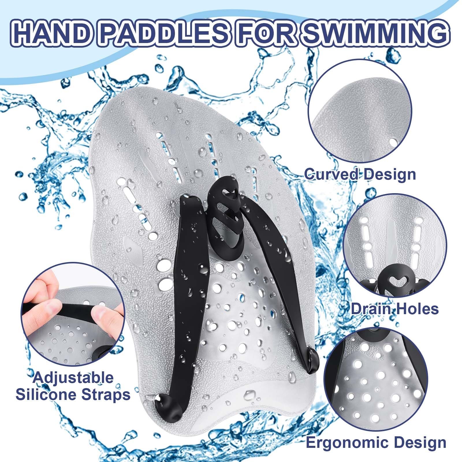 WuGU Palas Natacion, Pala de Mano para Piscina con Correas Ajustables, Paletas de Natación para Adultos Unisex, Pala de Entrenamiento de Natación Profesional para Adultos Niño Unisex(Plata)