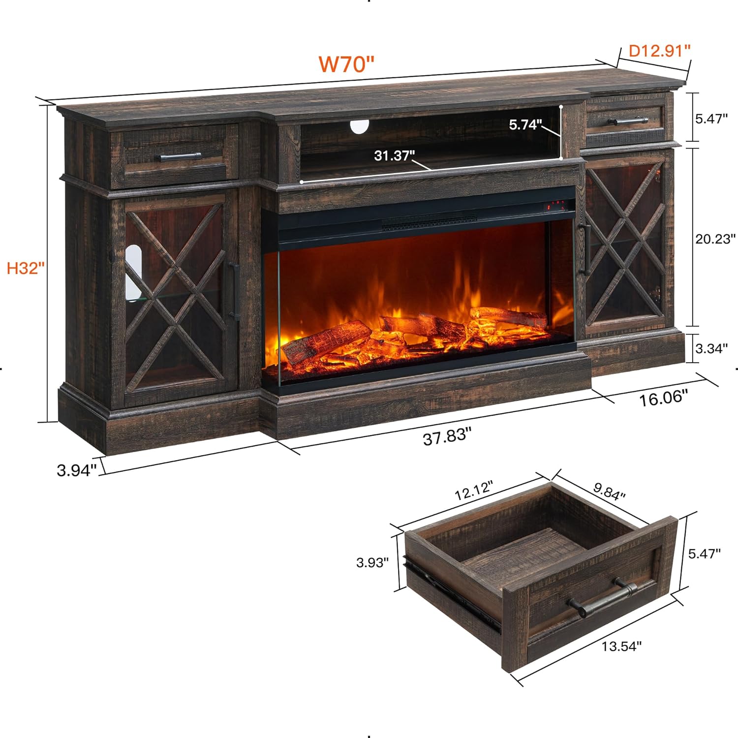 Detailed dimensions diagram of the OKD 70-inch TV Stand