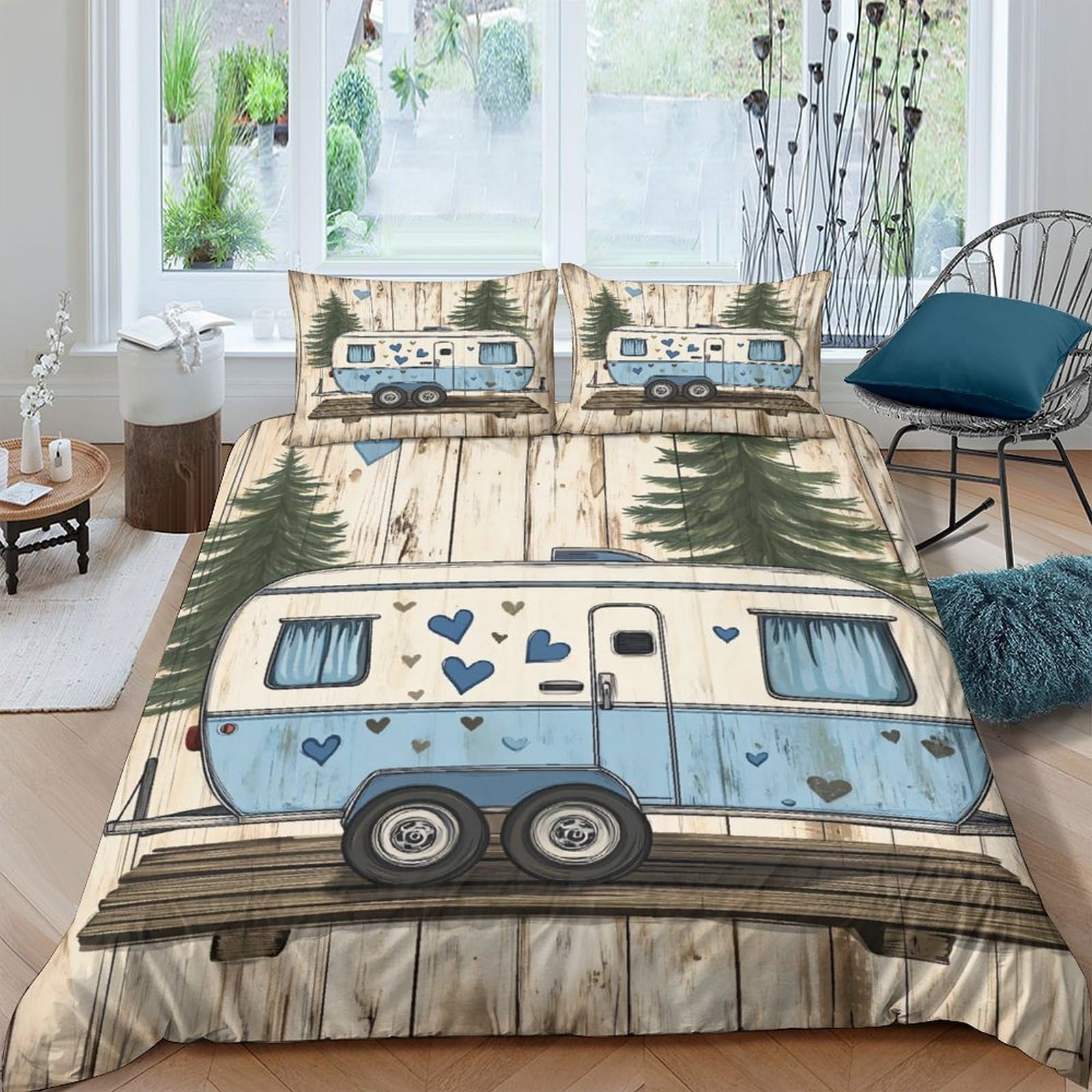 Vintage Camper Funda Edredon Juego de Ropa de Cama de 3 Piezas Impresión 3D Cierre de Vintage Camper Arte Estilo Funda de Edredón Funda de Almohada a Juego for Ancianos Super King（260x220cm）