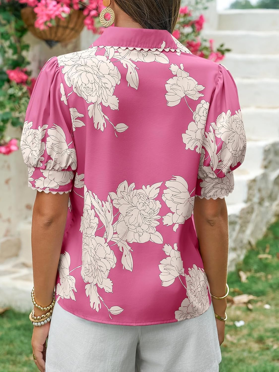 Cicy Bell Womens Puff Sleeve Button Down Shirts Floral Print Summer Casual Tops Boho Loose Fit Collared Blouse - Image 3