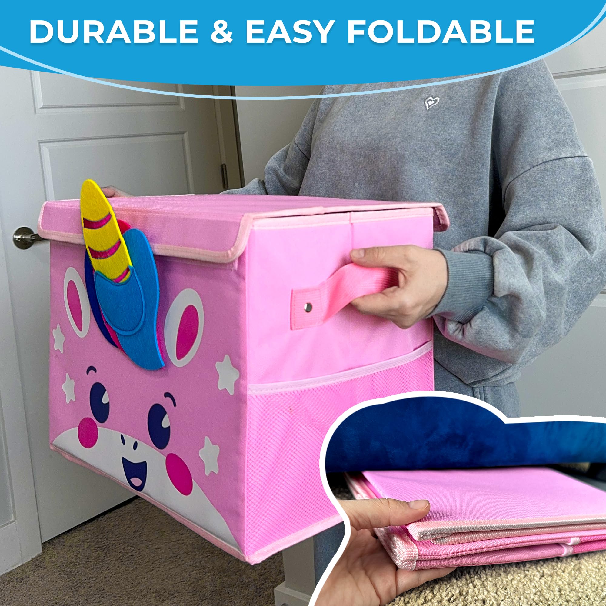 QUOKKA Katabird Toy Storage Box for Boys and Girls - Organizador de juguetes para niños (16 x 12 x 8 cm, plegable, asas, tapa abatible), diseño plegable (Unicorno, Piccolo)