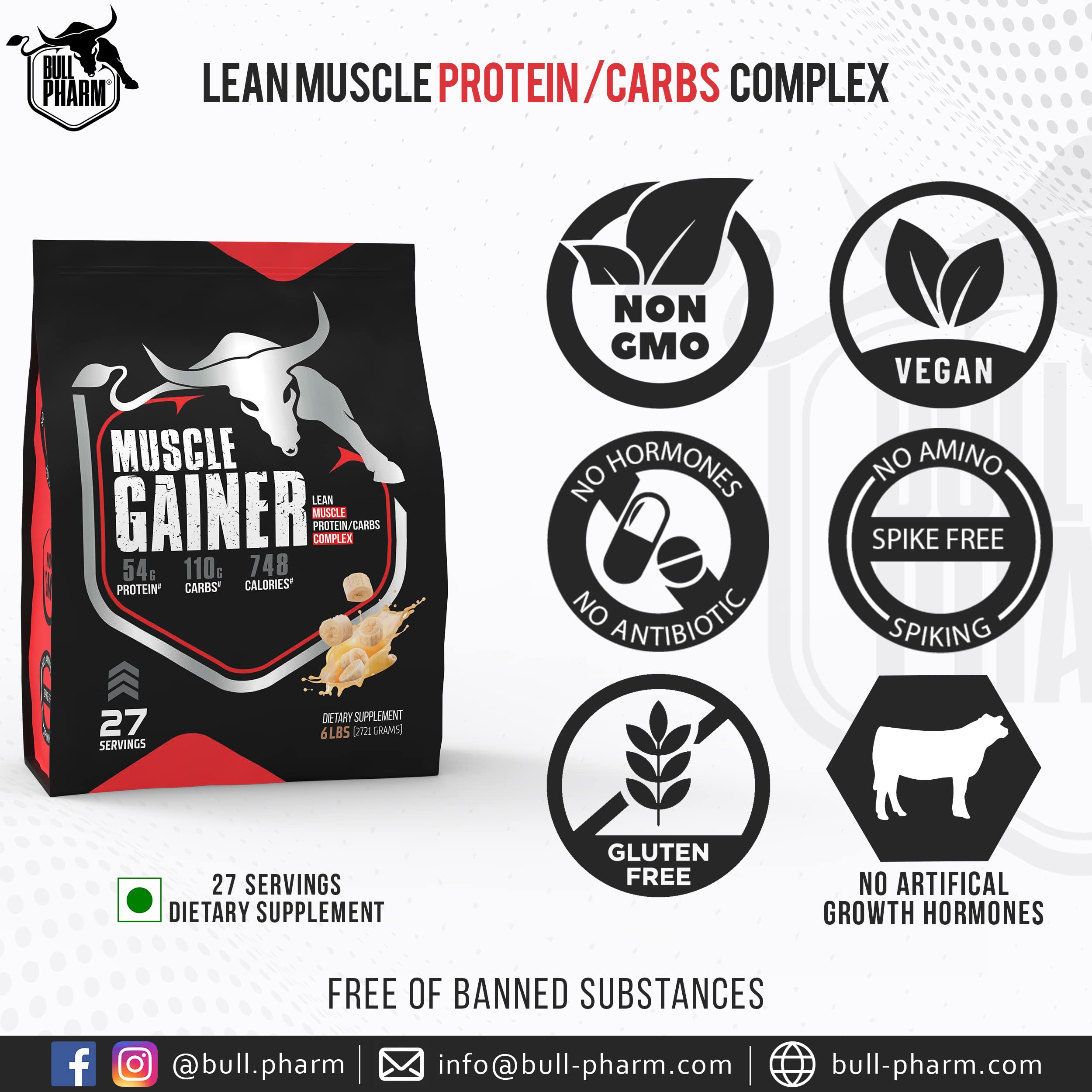 Muscle Gainer | Muscle Strength & Size | Athletic performance | Protein/Carbs complex | Creatine Monohydrate | Digestive enzymes | Non GMO | FSSAI Approved | 6 Lbs (Banana) — Amazon image 3
