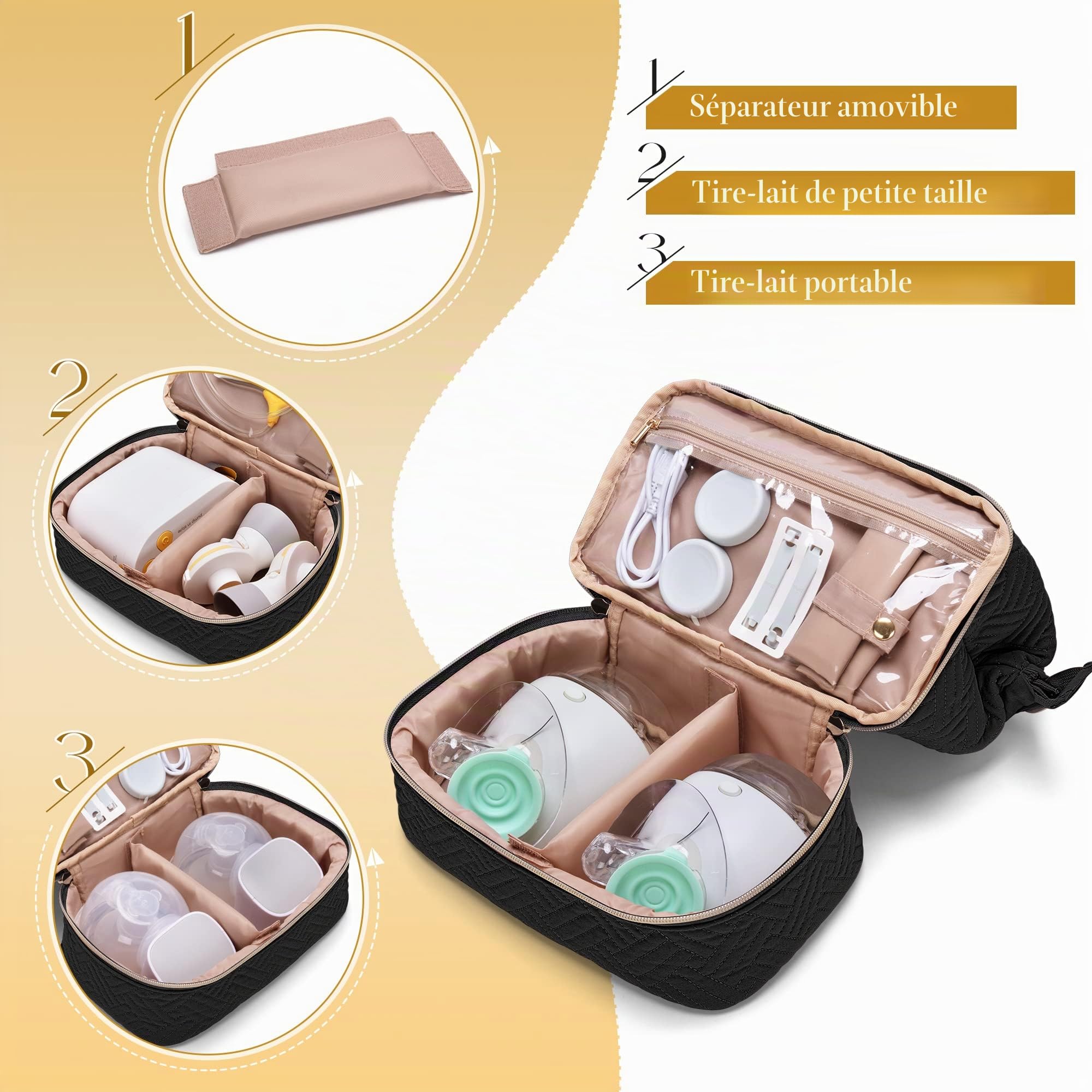Sac pour tire-lait portable compatible avec les pompes Elvie et Medela Pump in Style, sac de transport double couche avec tapis imperméable et poches isolées pour les mamans qui travaillent, Noir