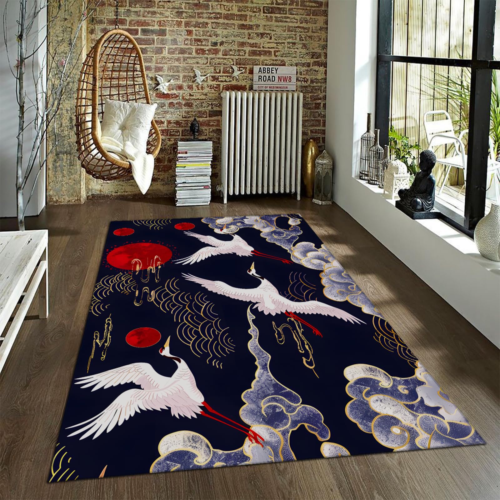 UERWOWELL Japanese Style Soft Area Rugs for Living Room Auspicious Clouds and Cranes Pattern Bedroom Carpet Cozy Touch Floor Mat for Balcony 160x230cm