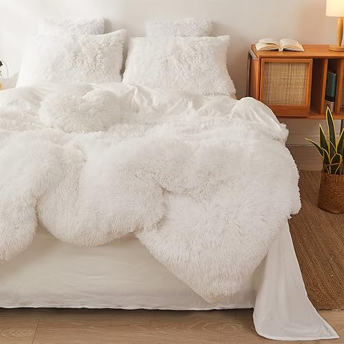 Miniatura 5 de Edredón blanco esponjoso tamaño Queen con relleno, edredón de felpa de pelo sintético suave, 3 piezas (1 edredón esponjoso + 2 fundas de almohada