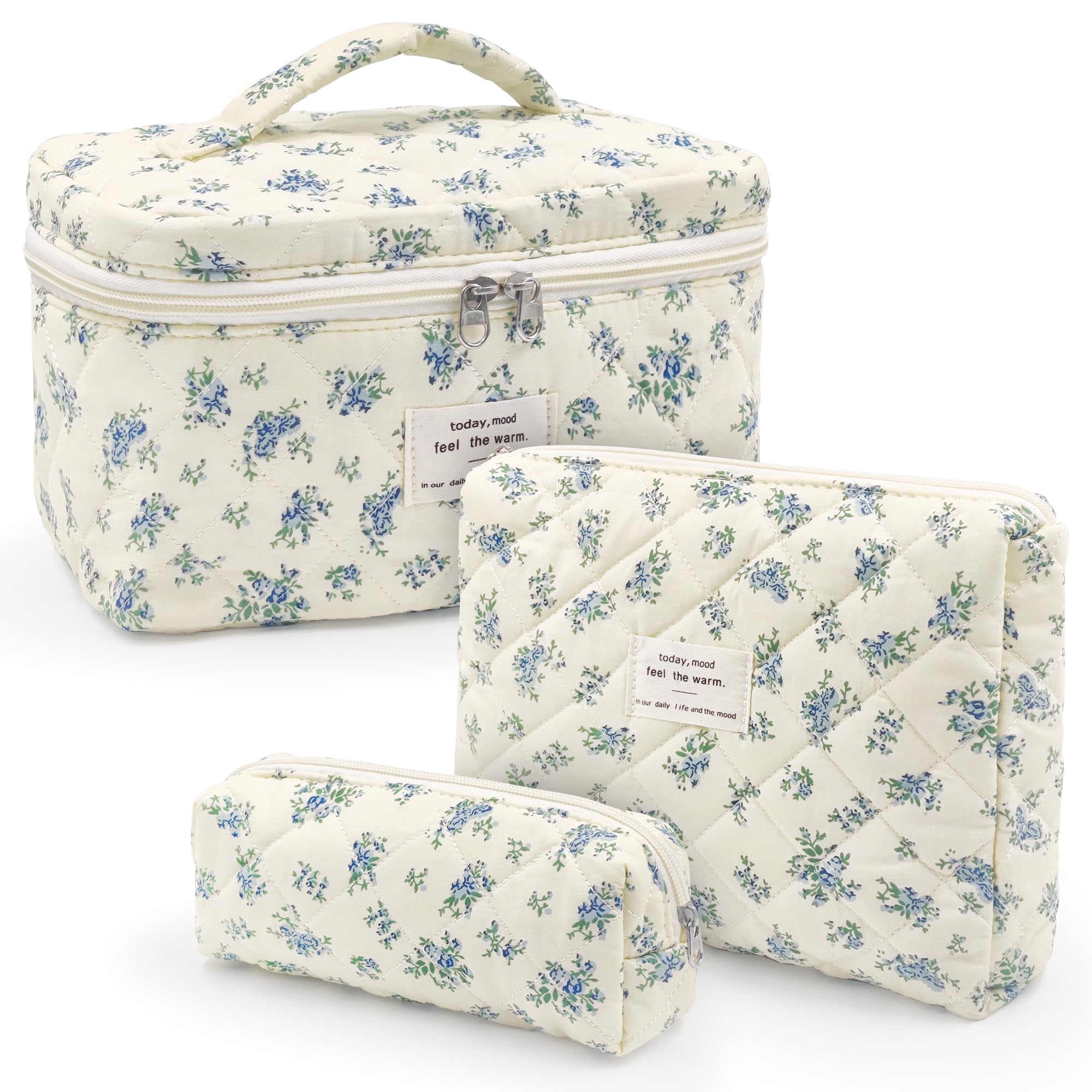 beifon 3er Set Kosmetiktasche Kulturtasche Damen mit Blumenmuster, Kulturbeutel Make Up Tasche, Tragbare Schminktasche Makeup Bag Waschtasche Groß Frauen Mädchen