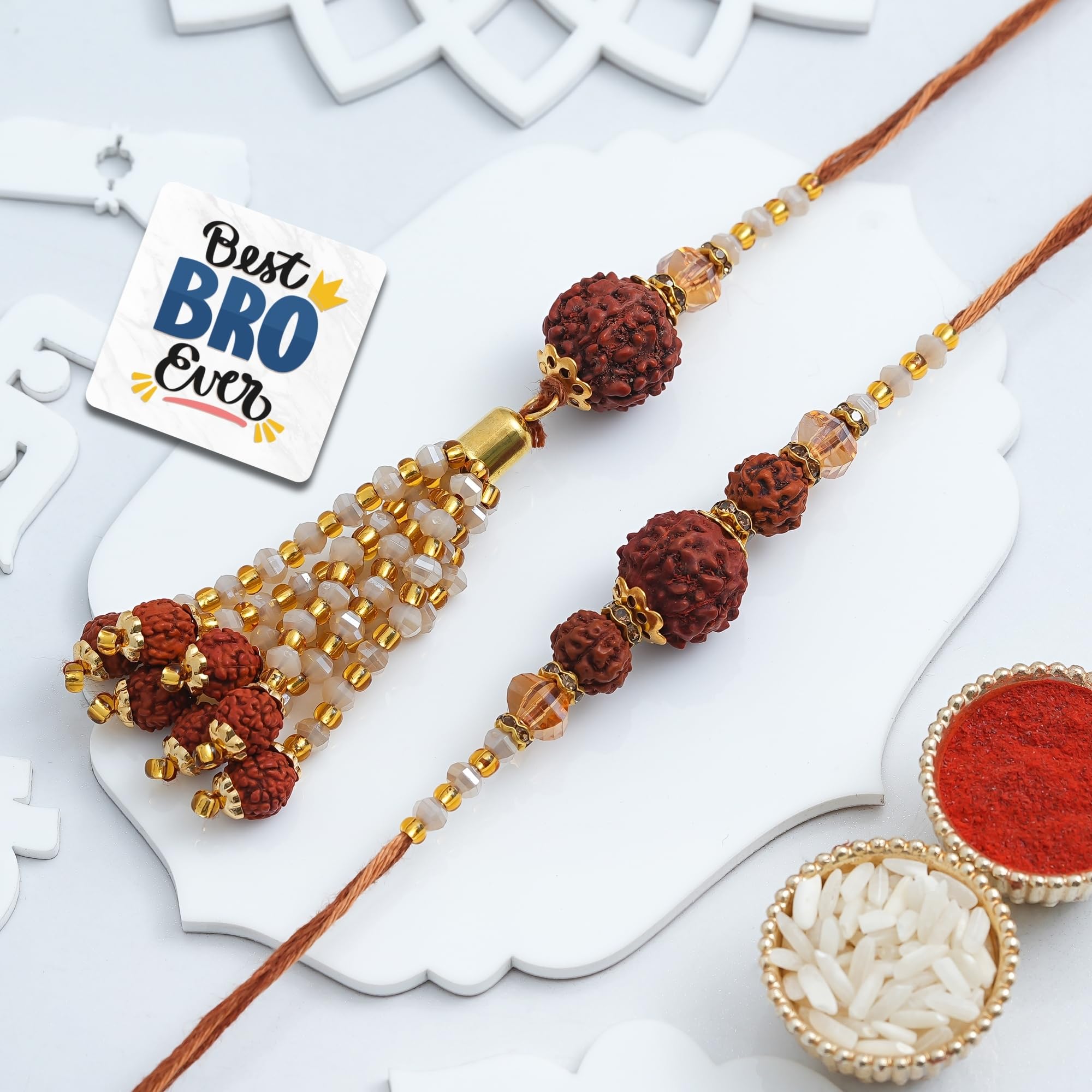 eCraftIndia Rudraksha Designer Bhaiya Bhabhi Rakhis with Best Bro Ever Fridge Magnet | Set of 2 Rakhi for Brother and Bhabhi | Lumba Rakhi | Roli Chawal Pack-image-12