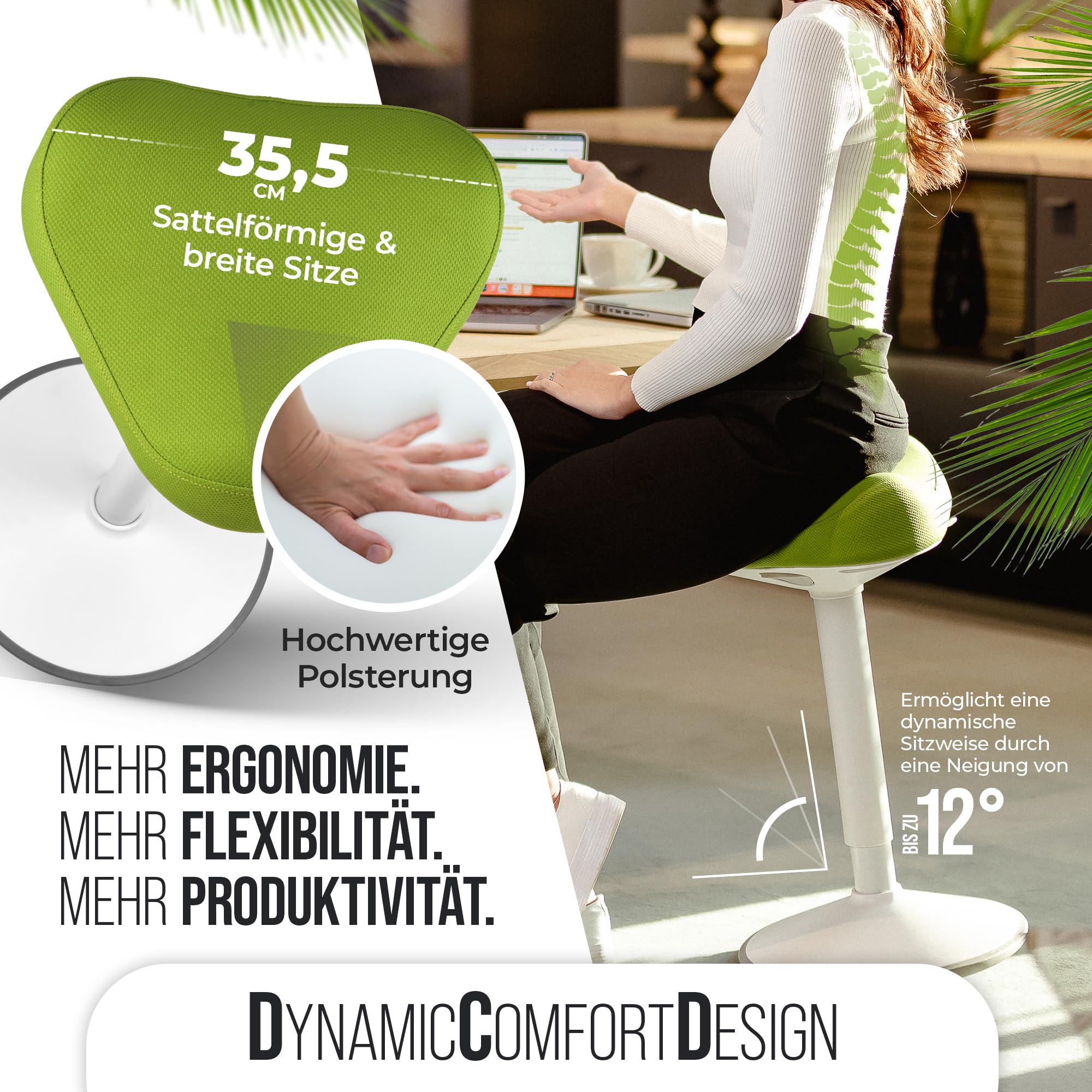 SH-01S Bürohocker Ergonomisch [IGR Zertifiziert] | Sitzhocker ergonomisch höhenverstellbar [47-65 cm]| Ergonomischer Hocker für Arbeit & Freizeit | Schwingeffekt [rutschfest] (Grün)