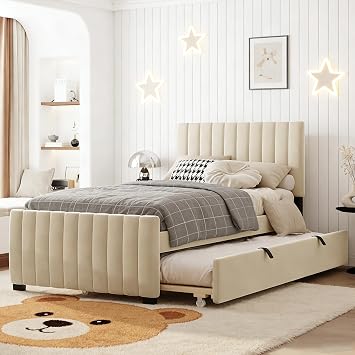 Bellemave Twin Bed Frame with Trundle Bed,Velvet Upholstered Platform Bed Frame,Twin Size Trundle Bed with Headboard for Kids Teens Adults,Beige