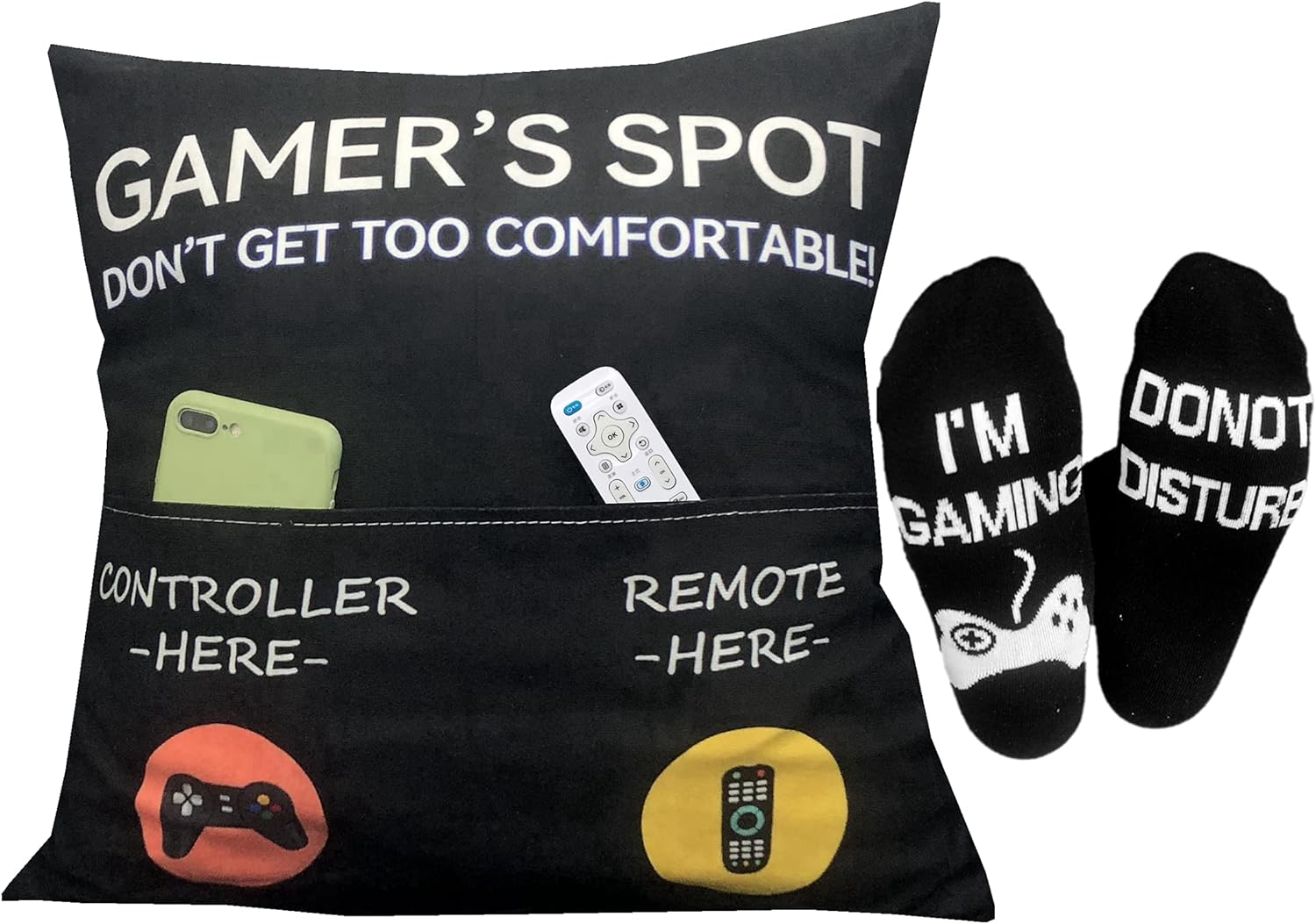 Gamer Gifts, Pocket Design Throw Pillow Covers 18 x 18 Inch + Gamer Socks, Gaming Room Décor Stocking Stuffers Easter Basket Stuffers for Teen Boys Girls Men Father Boyfriends