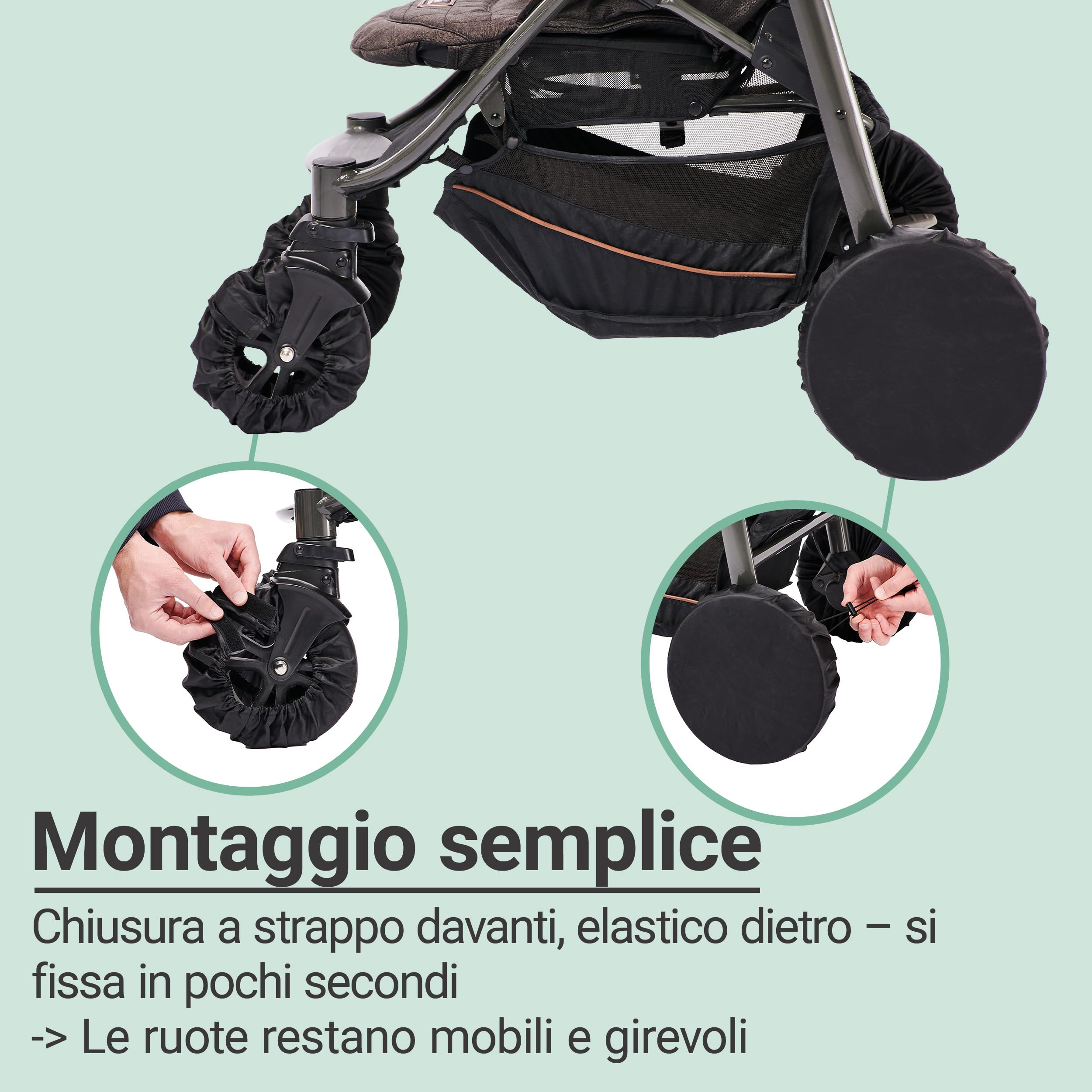 Zamboo Copriruota Passeggino - Set di 4 Coperture Esterne per Ruote Buggy - Copriruote Carrozzina Impermeabili per Auto e Casa - Nero