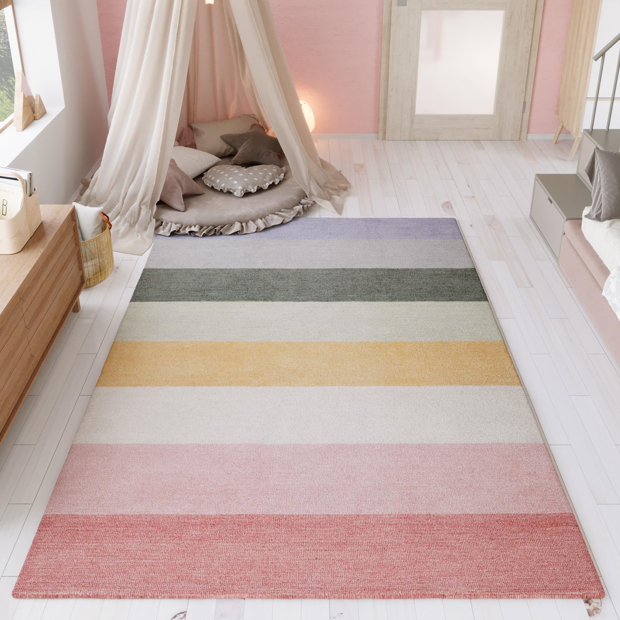 wecon home - Alfombra moderna de pelo corto para niños con diseño de rayas coloridas de Smart Kids – Lio (80 x 150 cm, colores pastel)