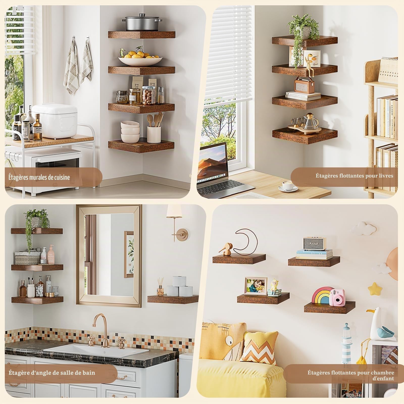 Étagères Murales Flottantes Lot de 4 (25 x 25 x 3,8 cm) | Étagère en Bois avec Fixation Invisible, pour Salle de Bain, Chambre, Cuisine, Toilettes, Salon et Livres (Marron)