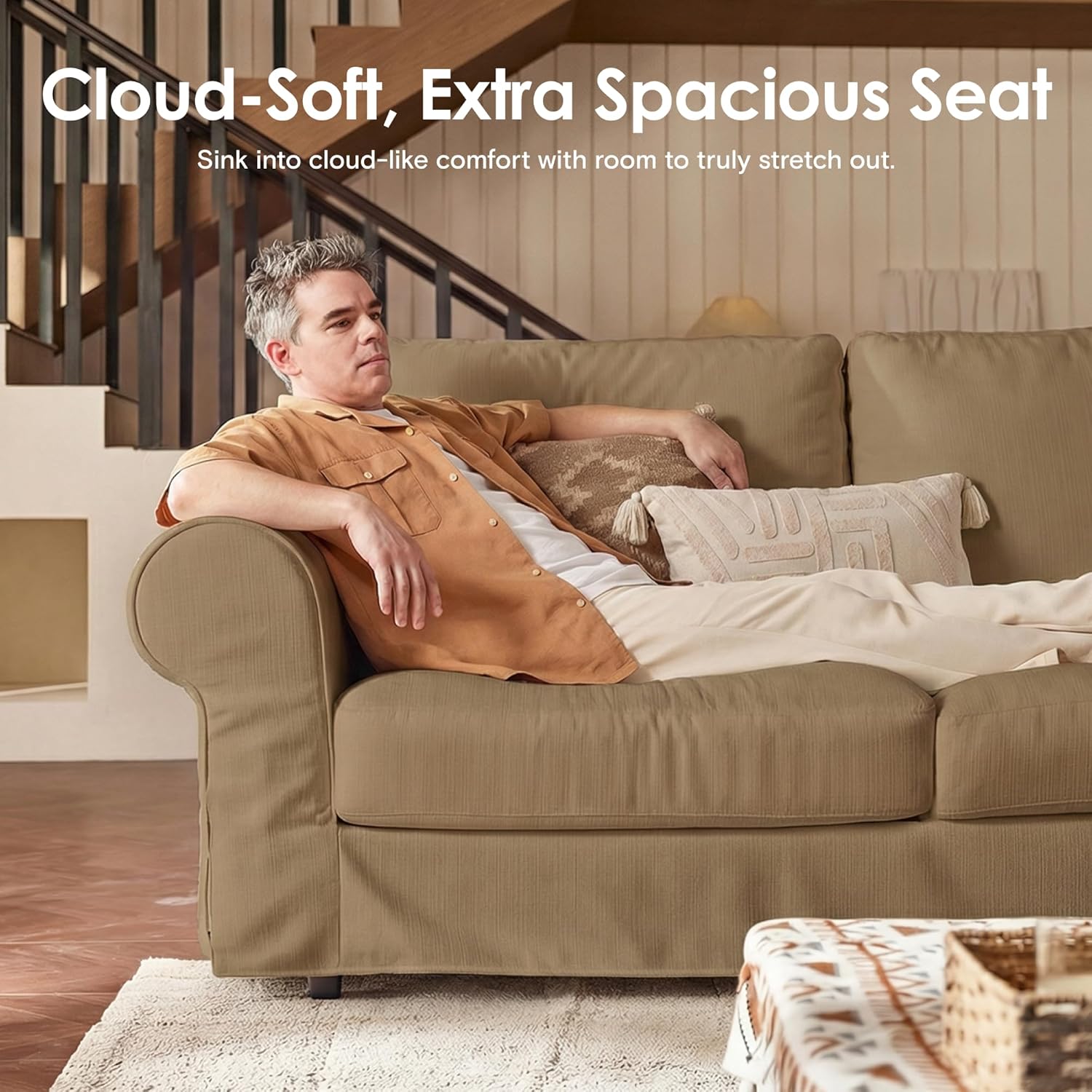 81.9" Oversized Loveseat Cloud Couch, Farmhouse Comfy Slipcoverd Sofa with Rolled Arms, Washable Couches with Deep & Wide seat for Living Room, Khaki