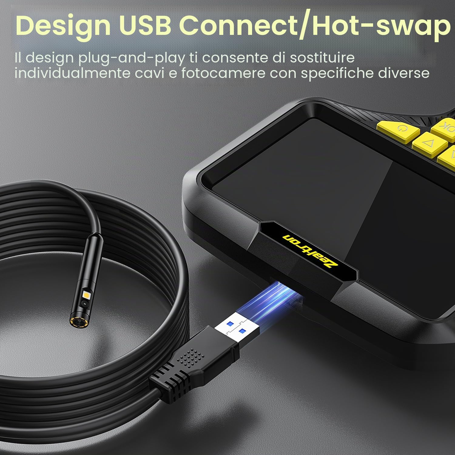 Endoscopio a Doppia Lente, Zealtron Endoscopio Industrial con Schermo Grande da 5” IPS, Telecamera endoscopica con 8+1 LED Regolabili 7,9 mm IP67 Sonda Impermeabile Cavo Semirigido-5M