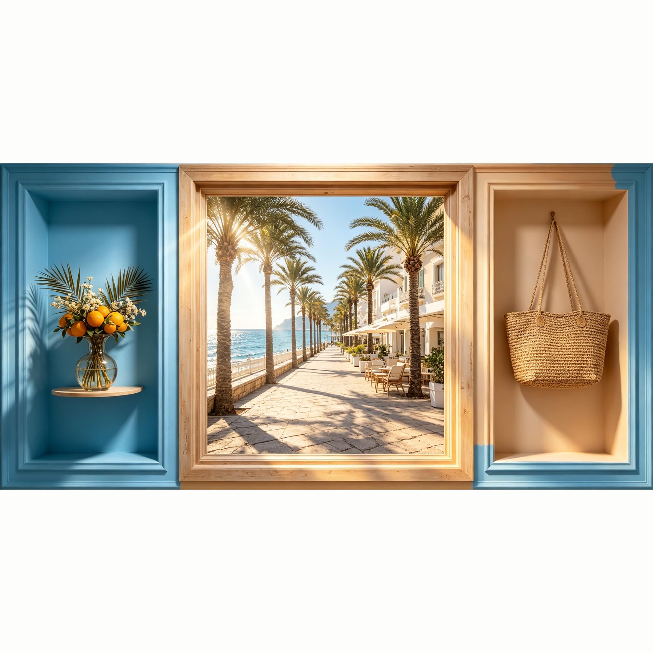 QZLITHOTIC 50x100cm 3D Framed Wall Art， Coastal Mediterranean Palm Tree Seaview SelfAdhesive Mural， WaterActivated Peel & Stick Fabric Decor Wall Decal for Bedroom Living Room