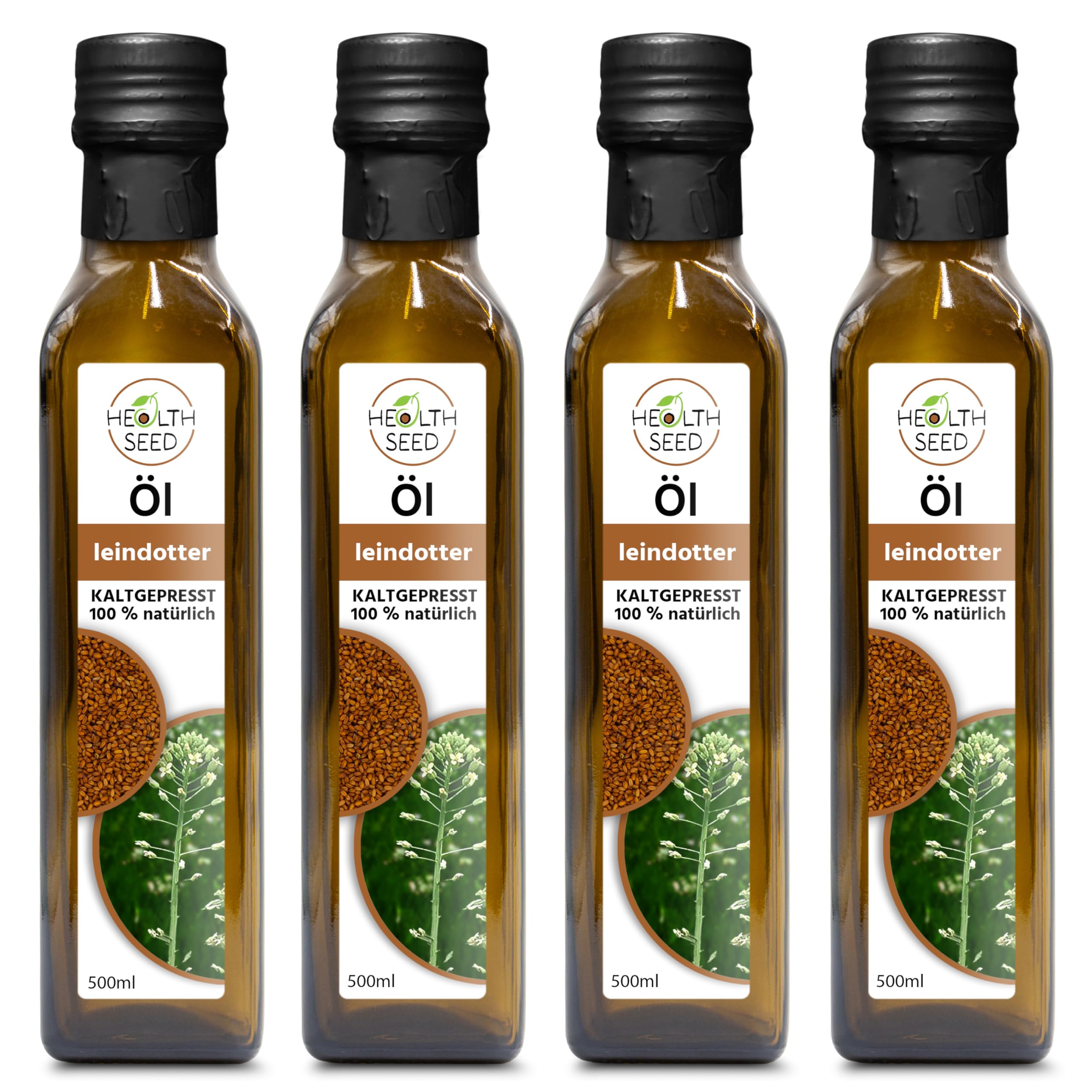 Health Seed® 4 x 500 ml / 2 litres – Huile de caméline non filtrée – Bouteille en verre 100 % pure pressée à froid – Fraîcheur du fabricant