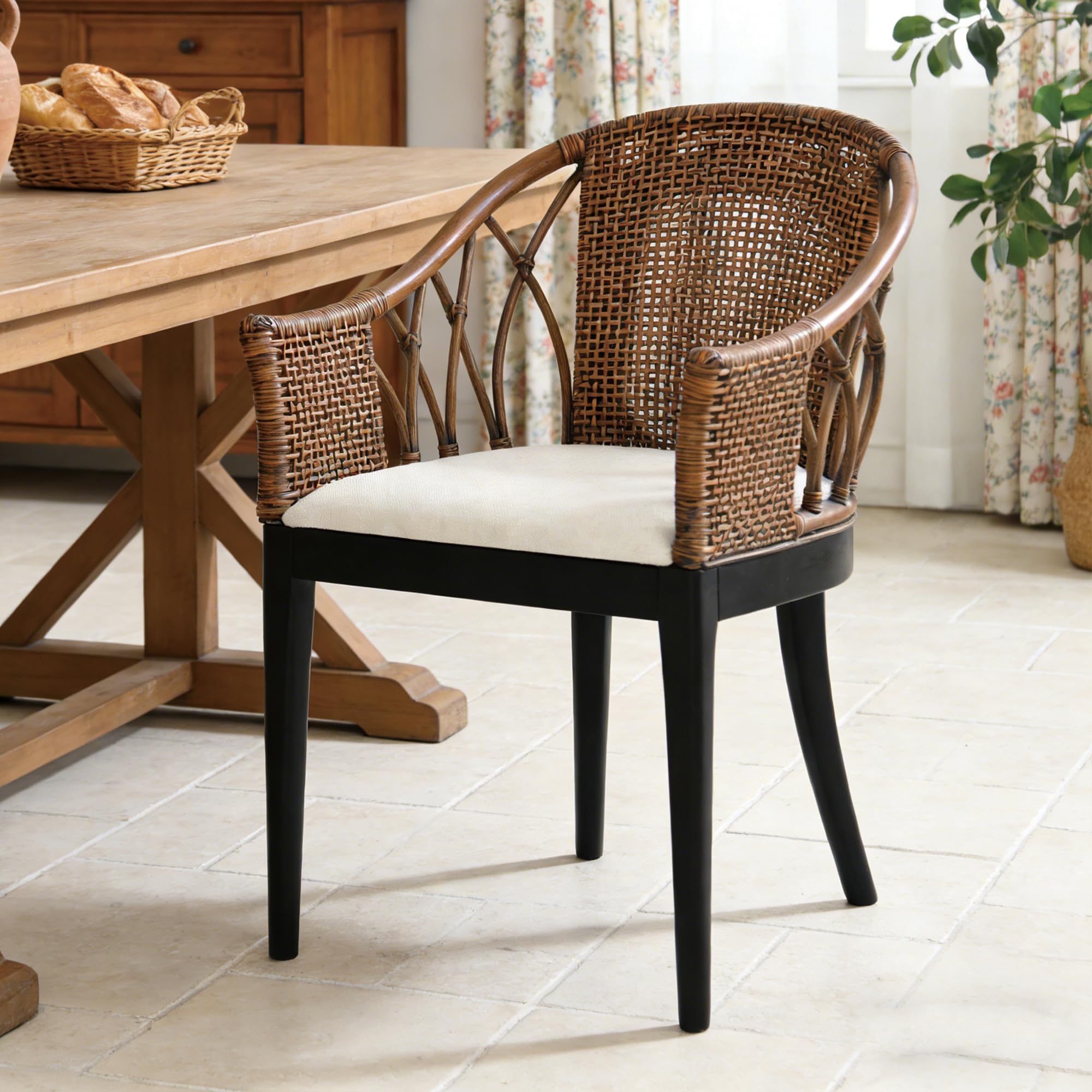 DUHOME Wood Rattan Arm Accent Chair Natural Wash/White Cushion Side Armchair Gianni Brown & Black Solid Living Room Chair for Living Room Bedroom