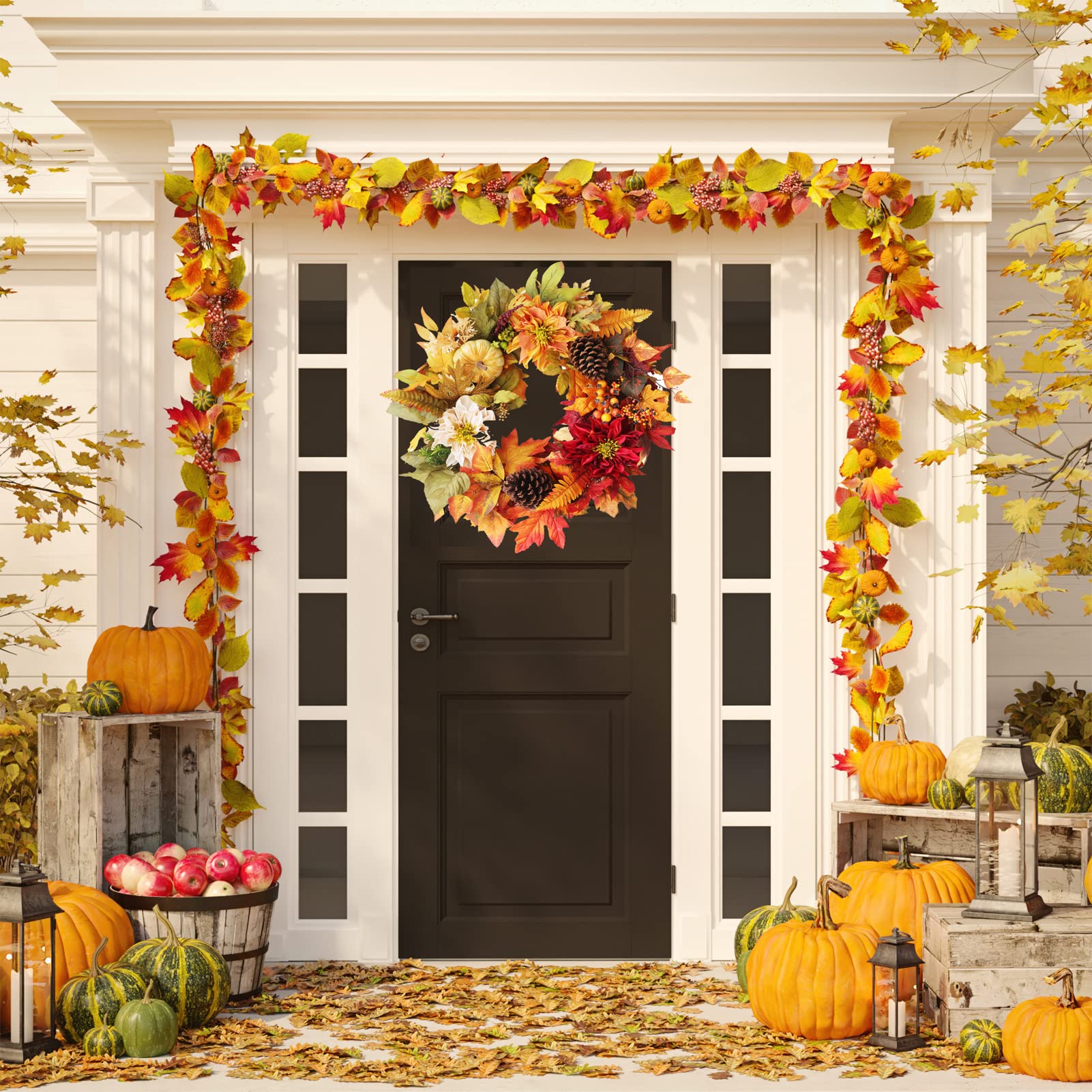 Couronne D'automne Avec Lumières Et Gnome - Décoration Porte D'entrée, Thanksgiving, Récolte