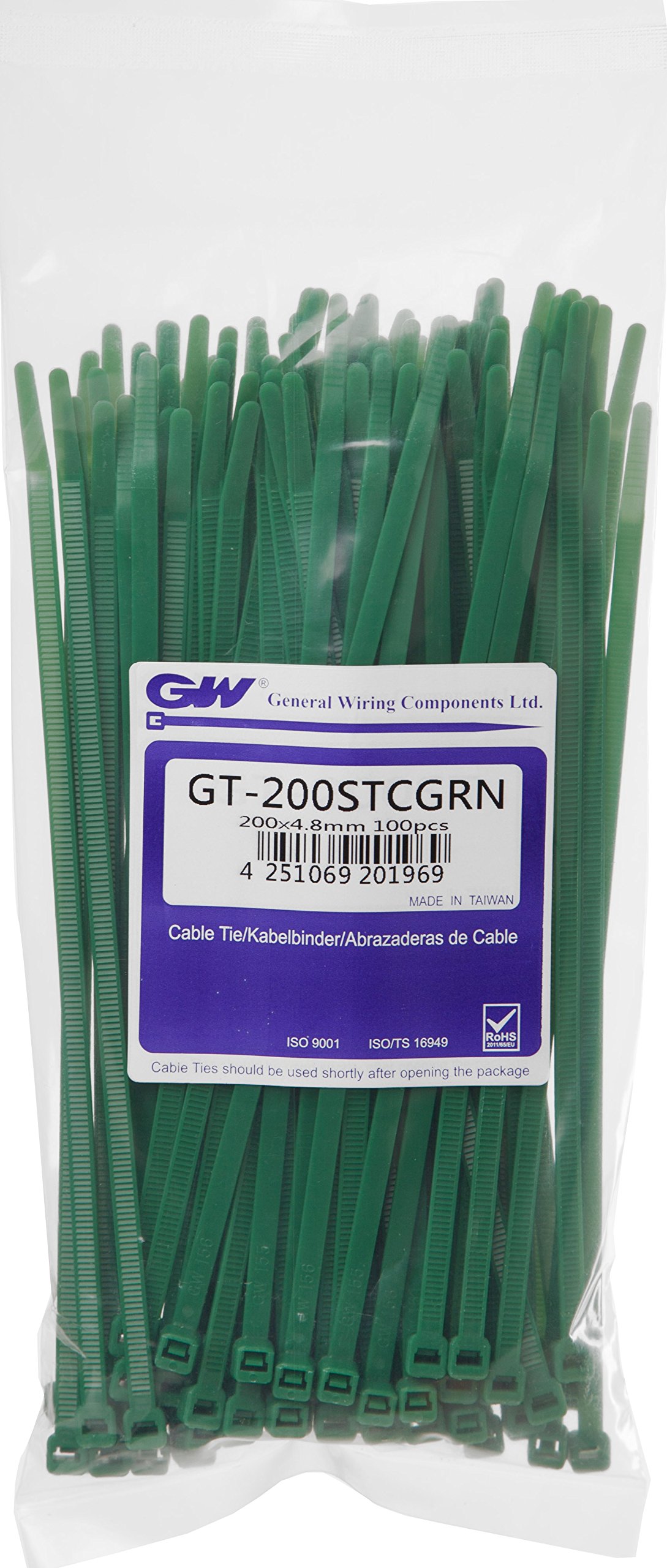 GW Wiring Products GT-200STCGRN 202 x 4.8 mm Cable Tie - Green (100-Piece)