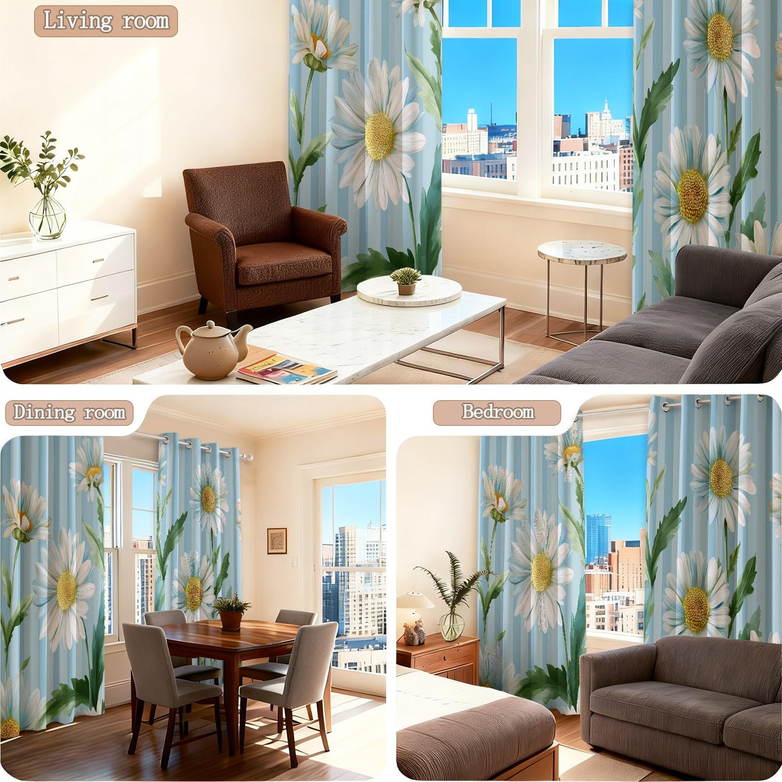 Verdunkelungsvorhänge B75 x H166 cm 2 Paneele, Geräuschreduzierung & Wärmeisolierung Klassisch Gestreift Elegant Floral Gänseblümchen Vorhänge Blickdicht für Schlafzimmer Wohnzimmer Kinderzimmer, Blau