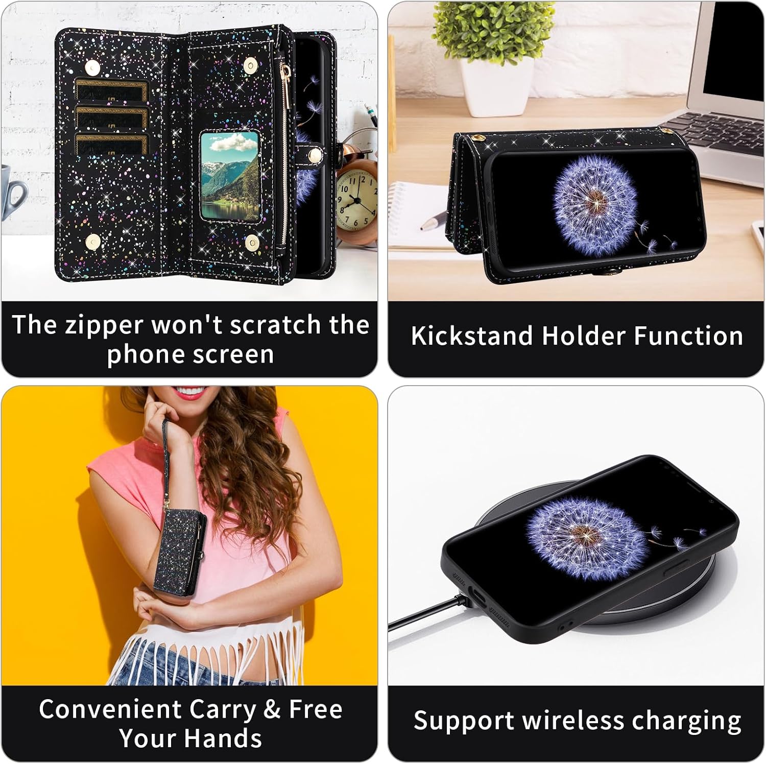 Asuwish Phone Case for Samsung Galaxy S9 Plus Zipper Wallet Magnetic Detachable Cover with Tempered Glass Screen Protector and Glitter Card Holder Stand Cell S9+ 9S 9+ S 9 9plus S9plus Women Men Black