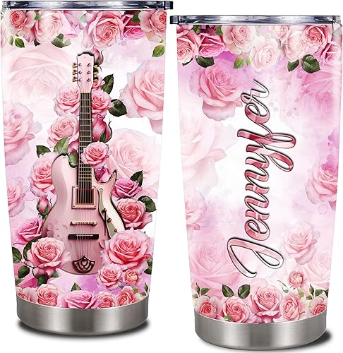 Miniatura 1 de Vaso de guitarra personalizado con nombre personalizado, taza de viaje de 20 onzas, 30 onzas, vasos de acero inoxidable floral acústico, regalos