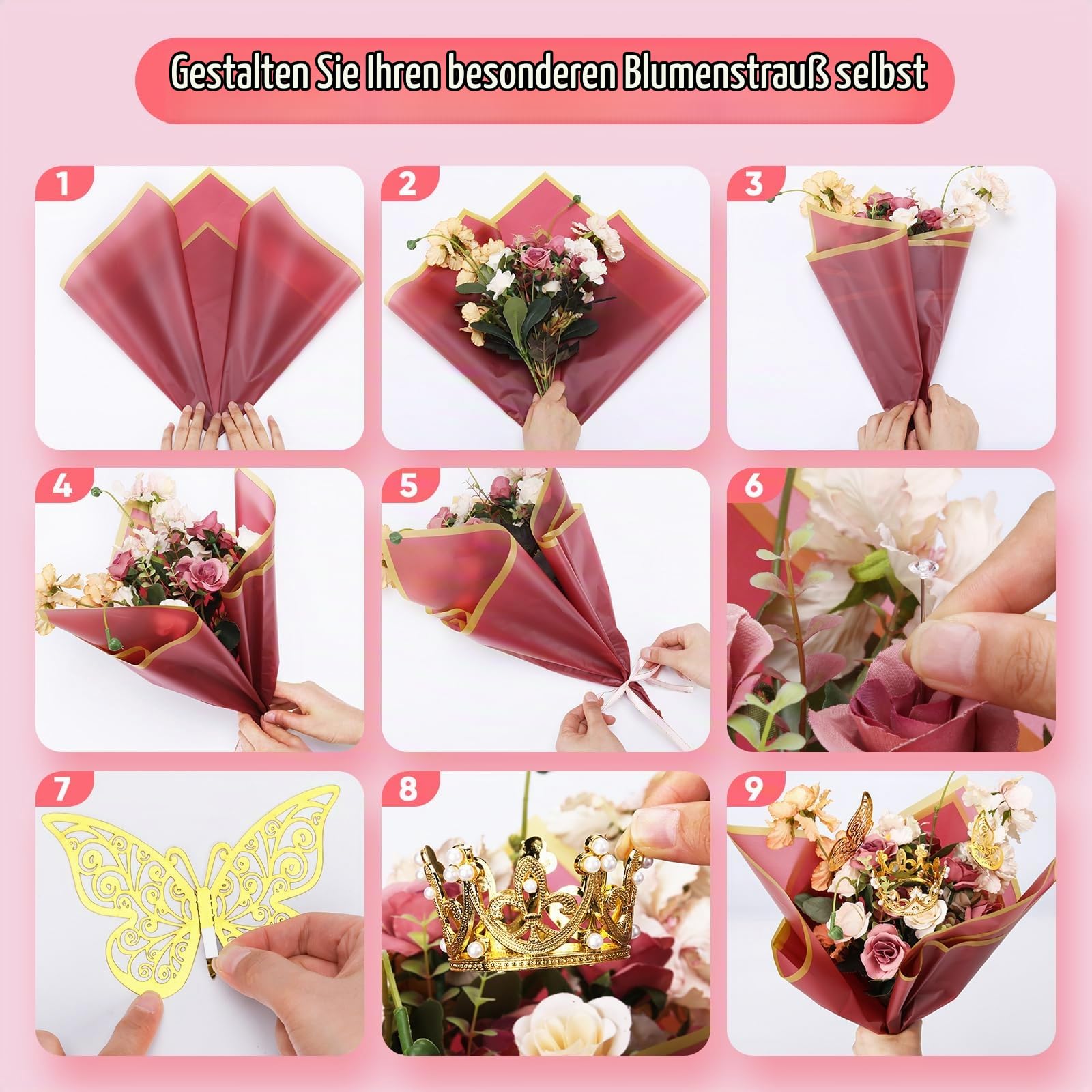homdat Blumenstrauß Papier Set, bestehend aus 100 Blatt Geschenkpapier mit Blumenmuster, Bändern, Grußkarten, Diamantbroschen, 3D-Schleifen und Blumenkränzen zum Verpacken von Blumengeschenken,58 cm