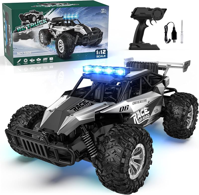 BLUEJAY auto de control remoto, 2,4 GHz de alta velocidad 33 KM/H RC autos juguetes, 1:12 Monster RC Truck Off Road con faro LED y batería recargable regalos para adultos niños 8-12