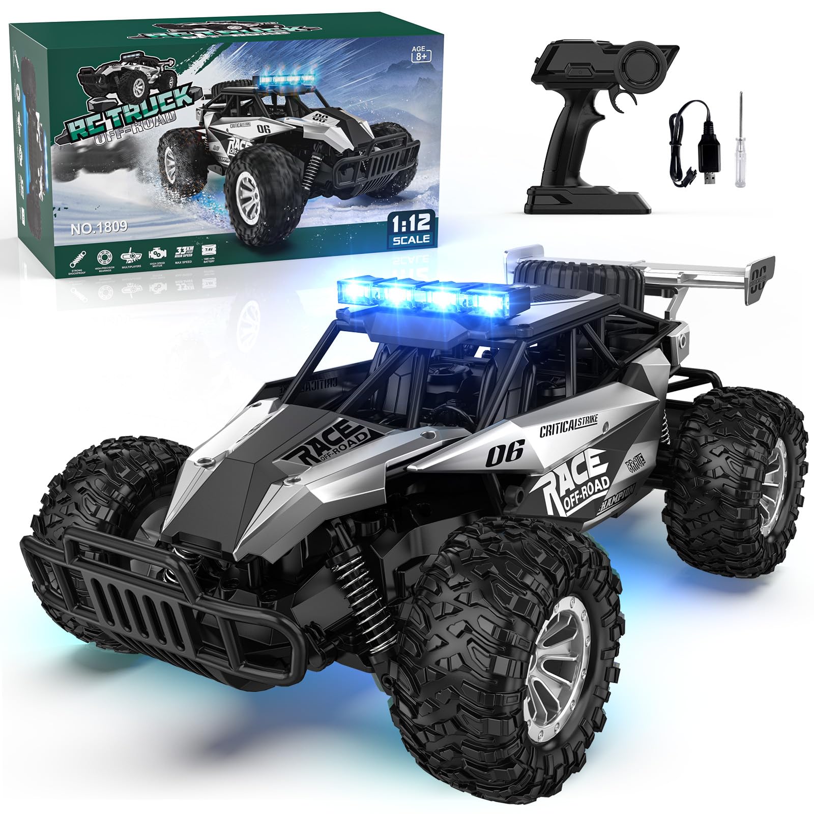 BLUEJAY Remote Control Car, 2.4GHz High Speed 33KM/H RC Cars Toys | 1:12 Monster RC Truck Off Road with LED Headlight and Rechargeable Battery Gifts for Adults Boys 8-12