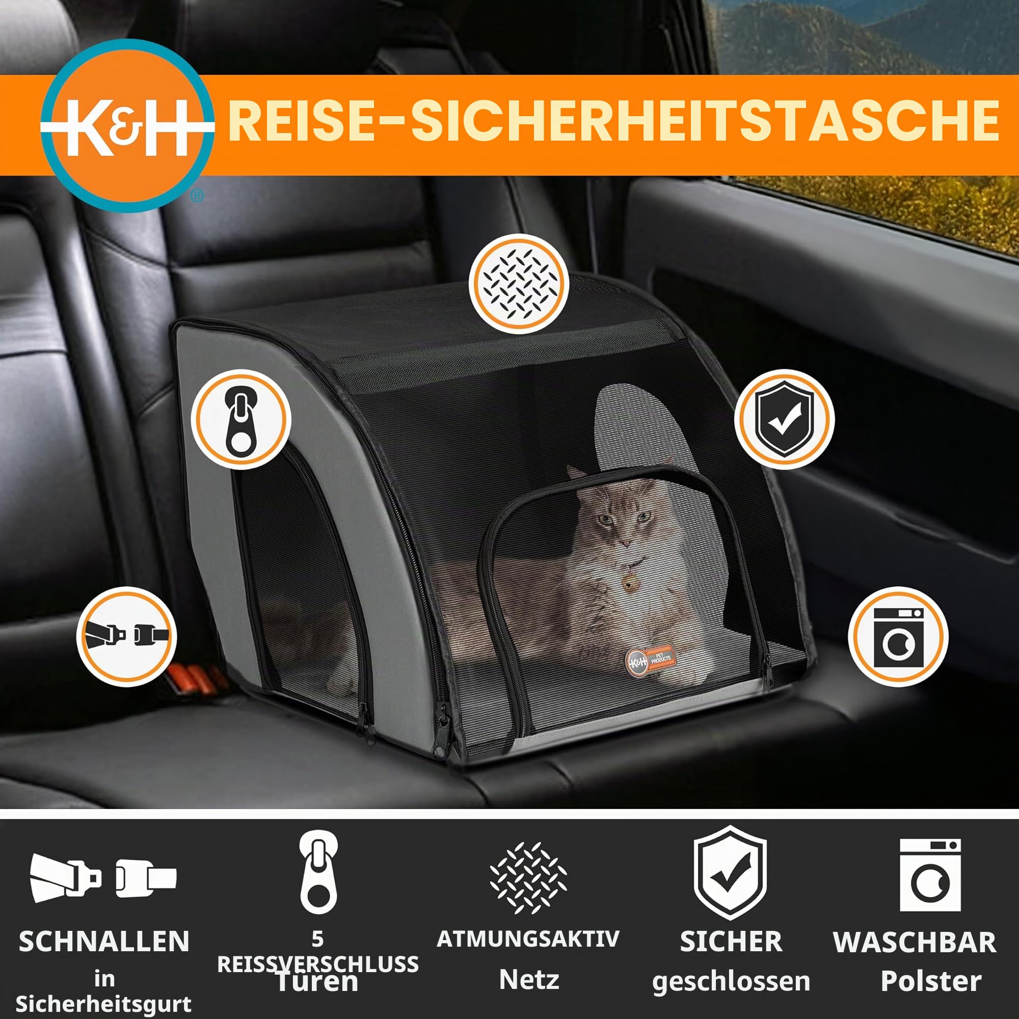 K&H PET Products Reise-Sicherheitstasche für Haustiere, Hundebox für Autoreisen, weiche Seitentasche für Katzen und kleine Hunde, tragbare Autositz-Zwinger, grau/schwarz, klein, 43,2 x 40,6 x 38,1 cm