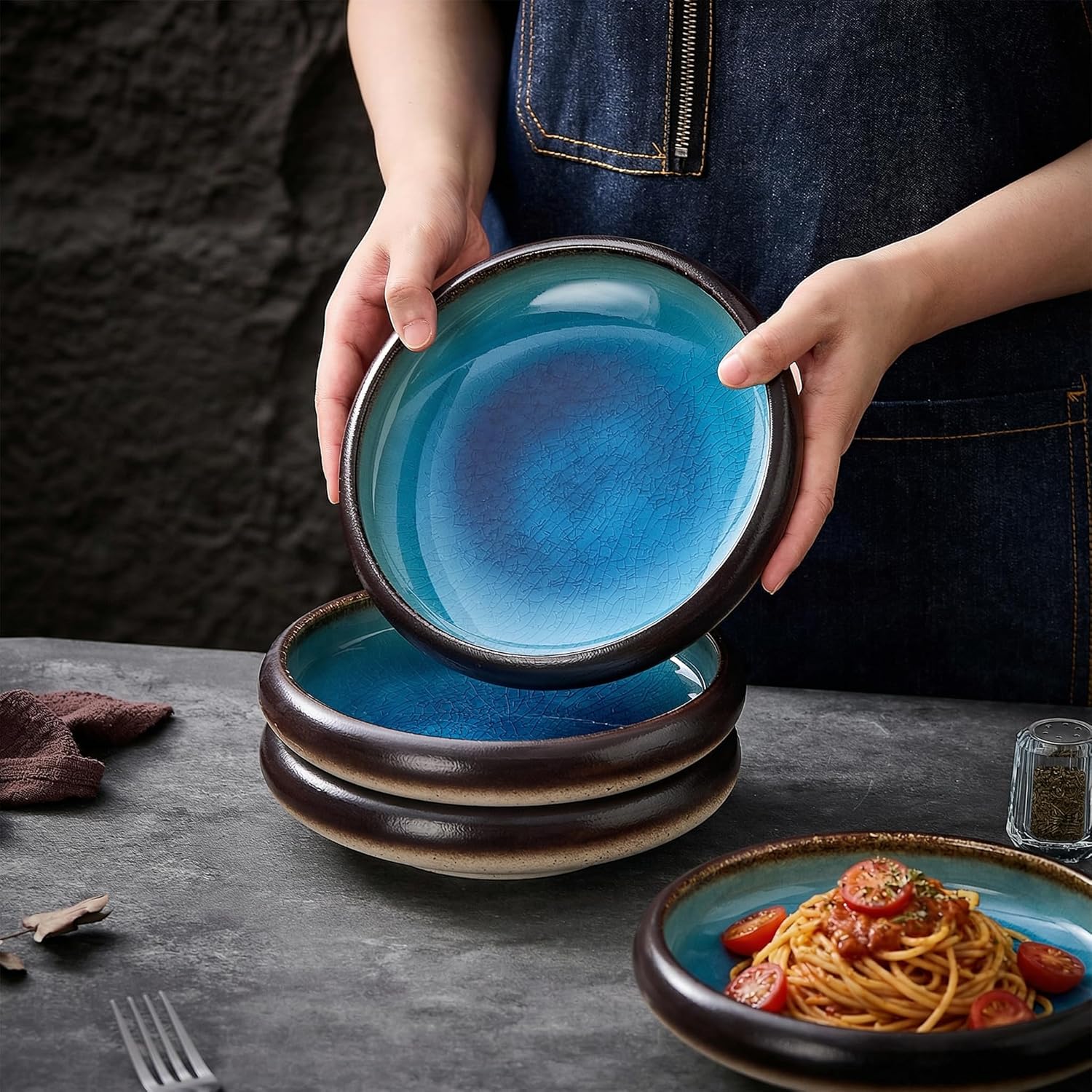 Ceramic Pasta Bowls Set of 4, 8 Inch Large Porcelain Pasta and Salad Bowls, Stoneware Dinner Plate Set for 4, Handmade Round Dishes for Home Decor, Microwave,Oven,and Dishwasher Safe, Blue