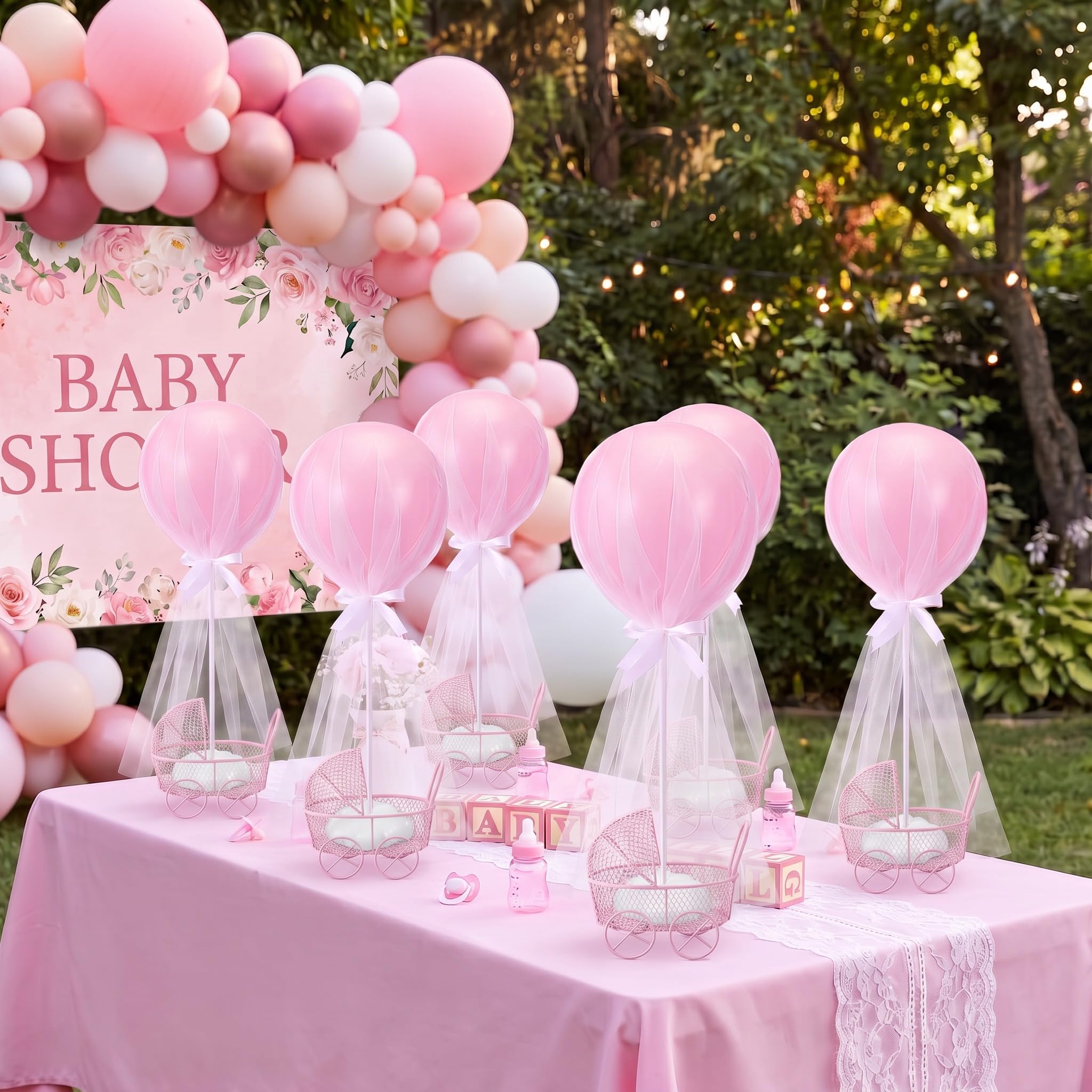 Set di 6 centrotavola rosa per baby shower, decorazioni da tavolo a palloncino a tutù, carrozze, supporti per palloncini per compleanno, sesso, rivelazione, battesimo, festa di nozze