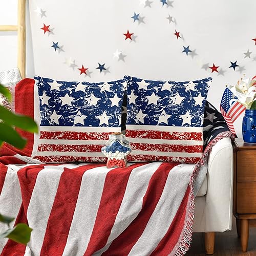 Miniatura 4 de Emvency Juego de 2 fundas de almohada decorativas con diseño de bandera estadounidense roja, blanca y azul, decoración del hogar, cuadradas,
