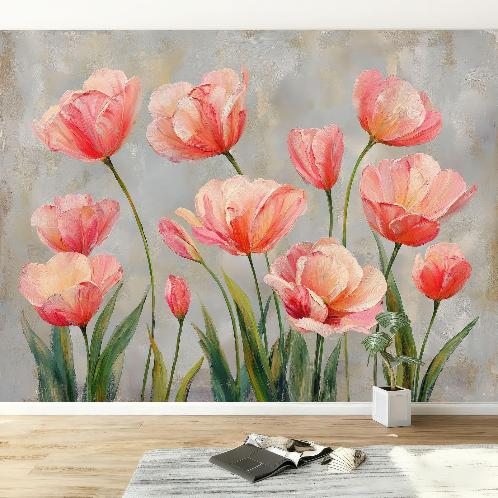 Mural ścienny, tapeta vintage, botaniczne tulipany, dekoracja ścienna do salonu, sypialni, jasnoszara włóknina mural do pokoju dziecięcego, biura, papier fotograficzny, plakat 350 x 256 cm