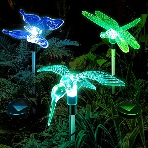Miniatura 8 de Anordsem Paquete de 6 luces de jardín para decoración al aire libre, con energía solar, mariposa, libélula y colibrí, decoración para patio