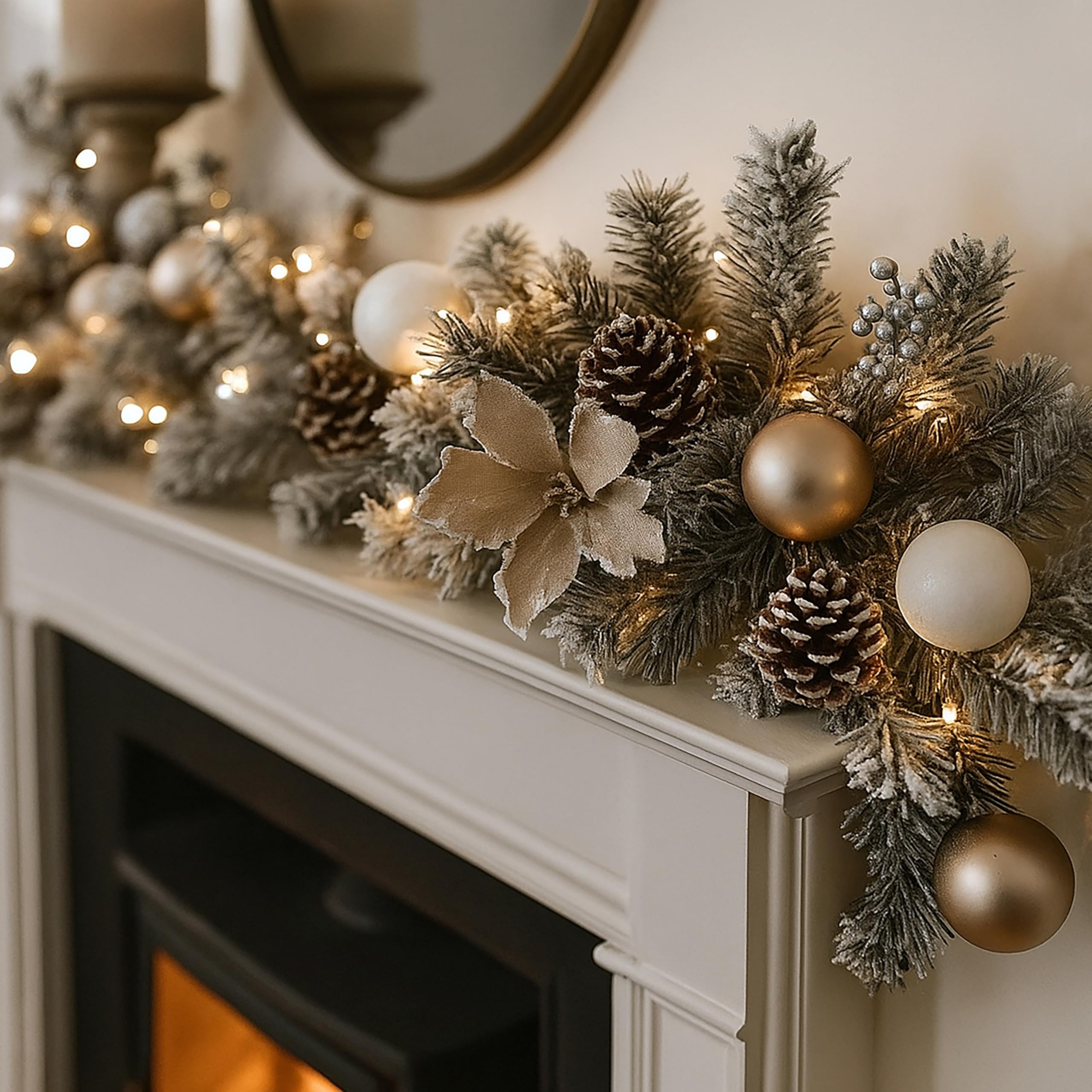 Marco Paul - Guirnalda de Navidad plateada de lujo de 6 pies con luces LED blancas cálidas, guirnalda de Navidad esmerilada alimentada por pilas de 180 cm para chimenea, repisa y escaleras