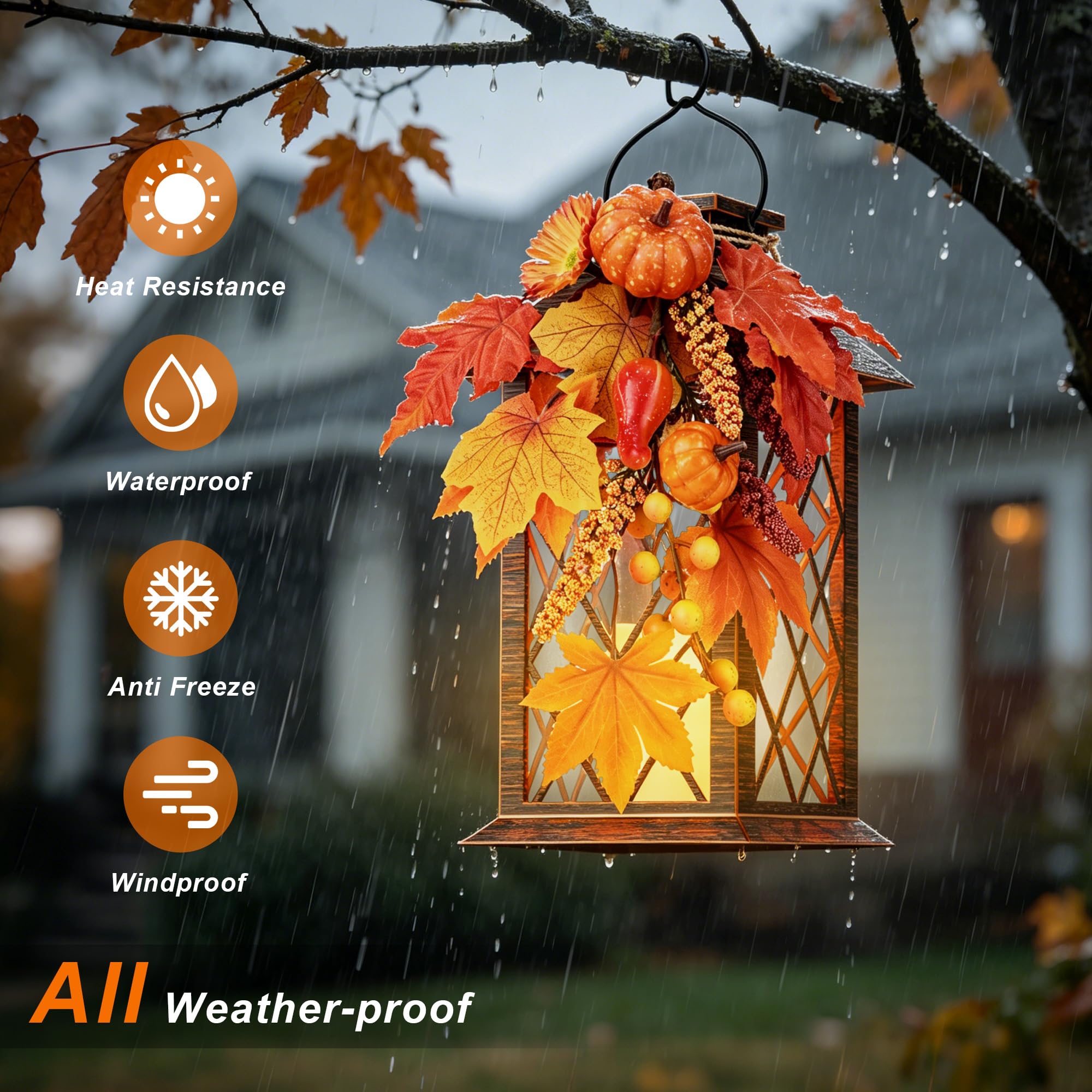 Faroles solares impermeables para exteriores, linterna colgante de corona de otoño, 13 pulgadas, decoración solar para porche, patio, jardín, balcón, camino, 1 paquete