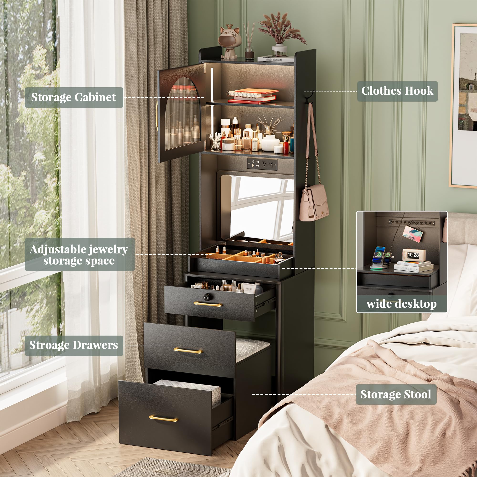 NBYSGO Make Up Vanity Desk with Mirror and Lights, 3 in 1 Tall Makeup Vanity Set with Flip-up Mirror, Jewelry Box, Charging Station, Girls Small Vanity and Storage Chair