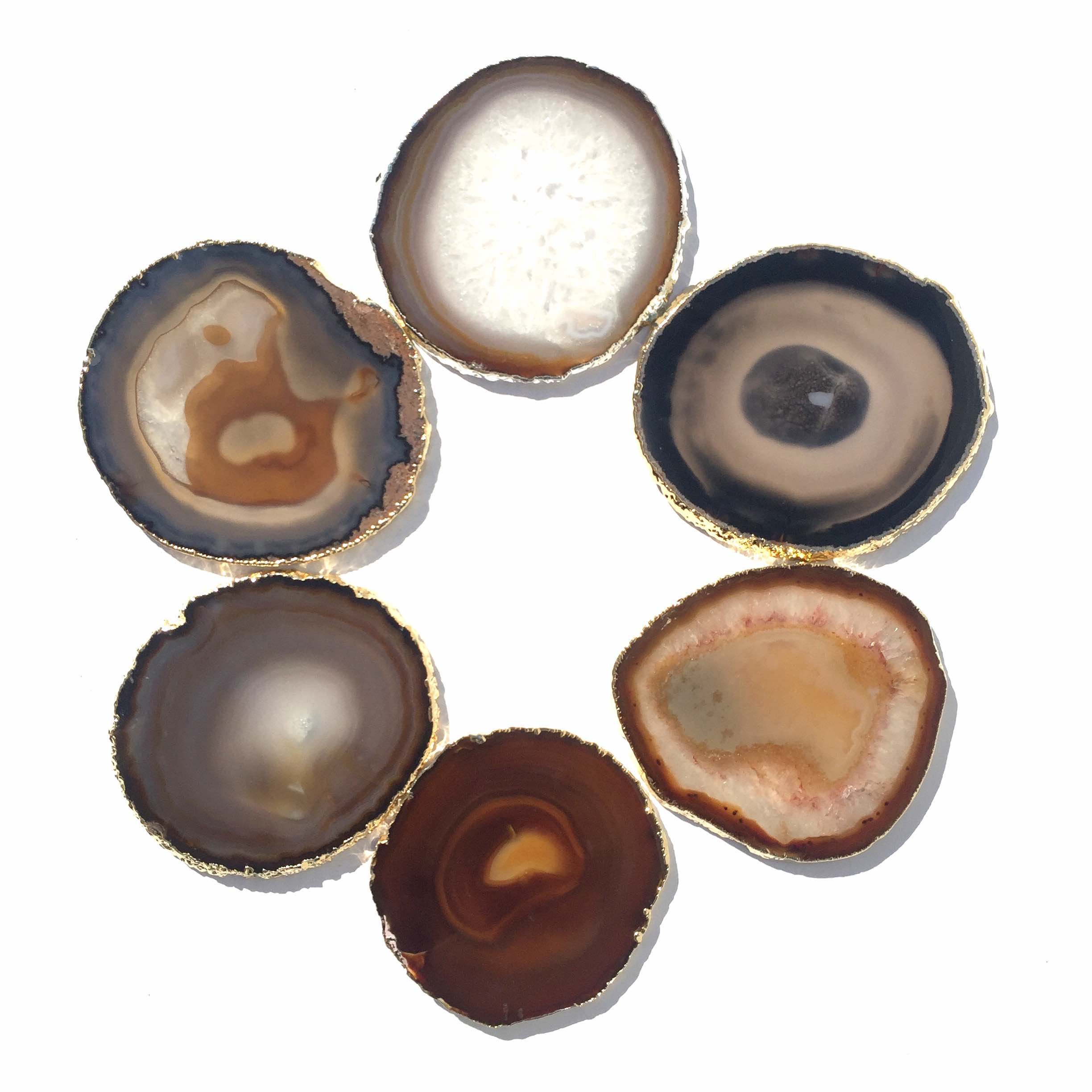 JIC Gem Golden Plated Natural Agate Coasters, 6 pcs set, 3-4", with Rubber Bumper