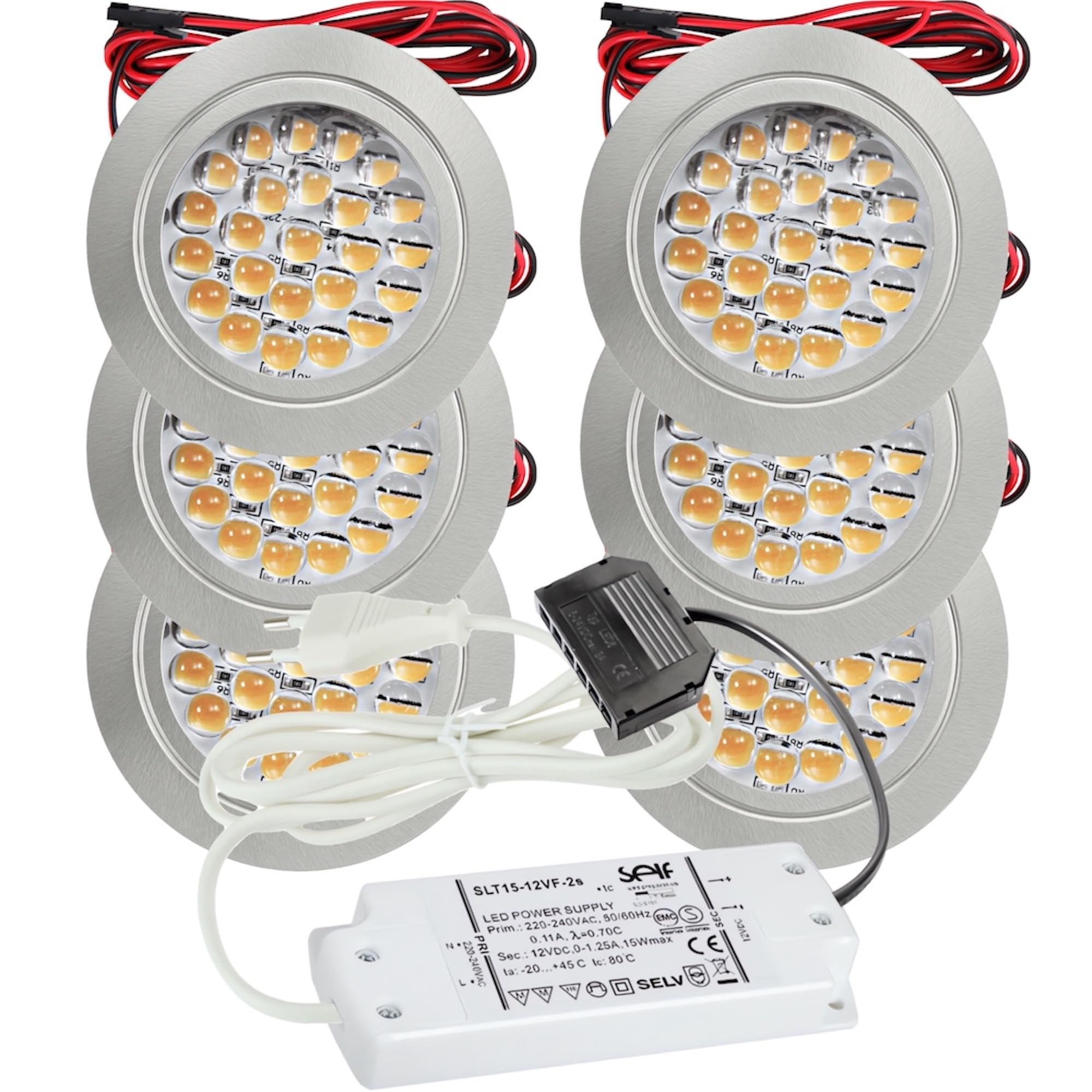 6er Set LED Möbel Einbauleuchten 12V ultra flach 2.4W Einbauleuchten Mira 190lm mit LED Trafo und 230V Zuleitung 3000K Warmweiß Lochausschnitt: 58 bis 60mm Silber Plug and Play Spots Ø=65,5 X 10,7mm