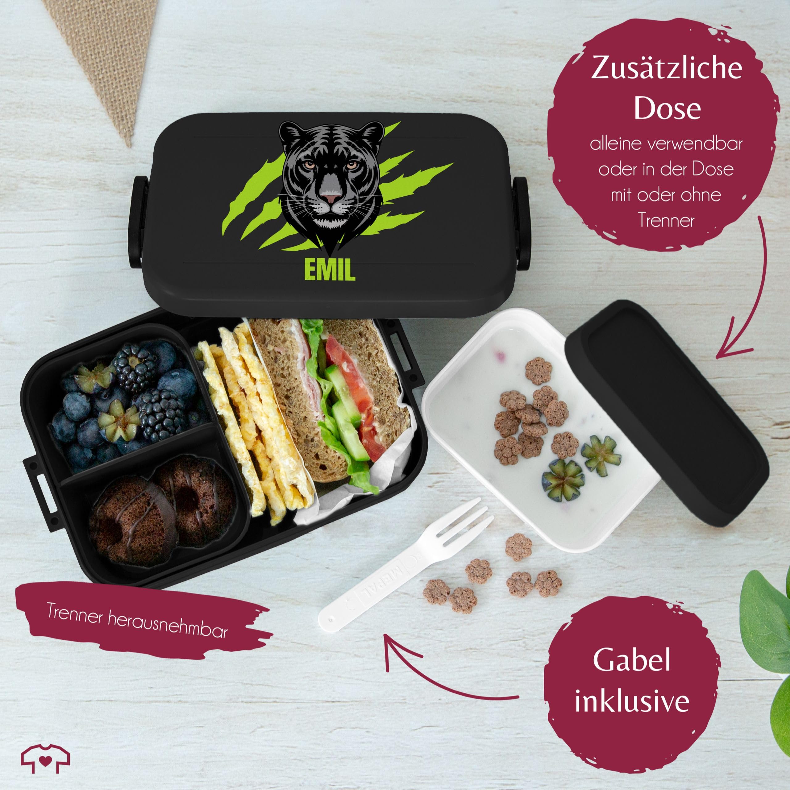 Kinder Bento Box Midi Lunchbox für Mepal Bentobox - Einschulung Geschenk Brotbox Panther mit Name personalisiert I Schulkind Geschenk Schule I Schulanfang I Schuleinführung - 900 ml - Schwarz