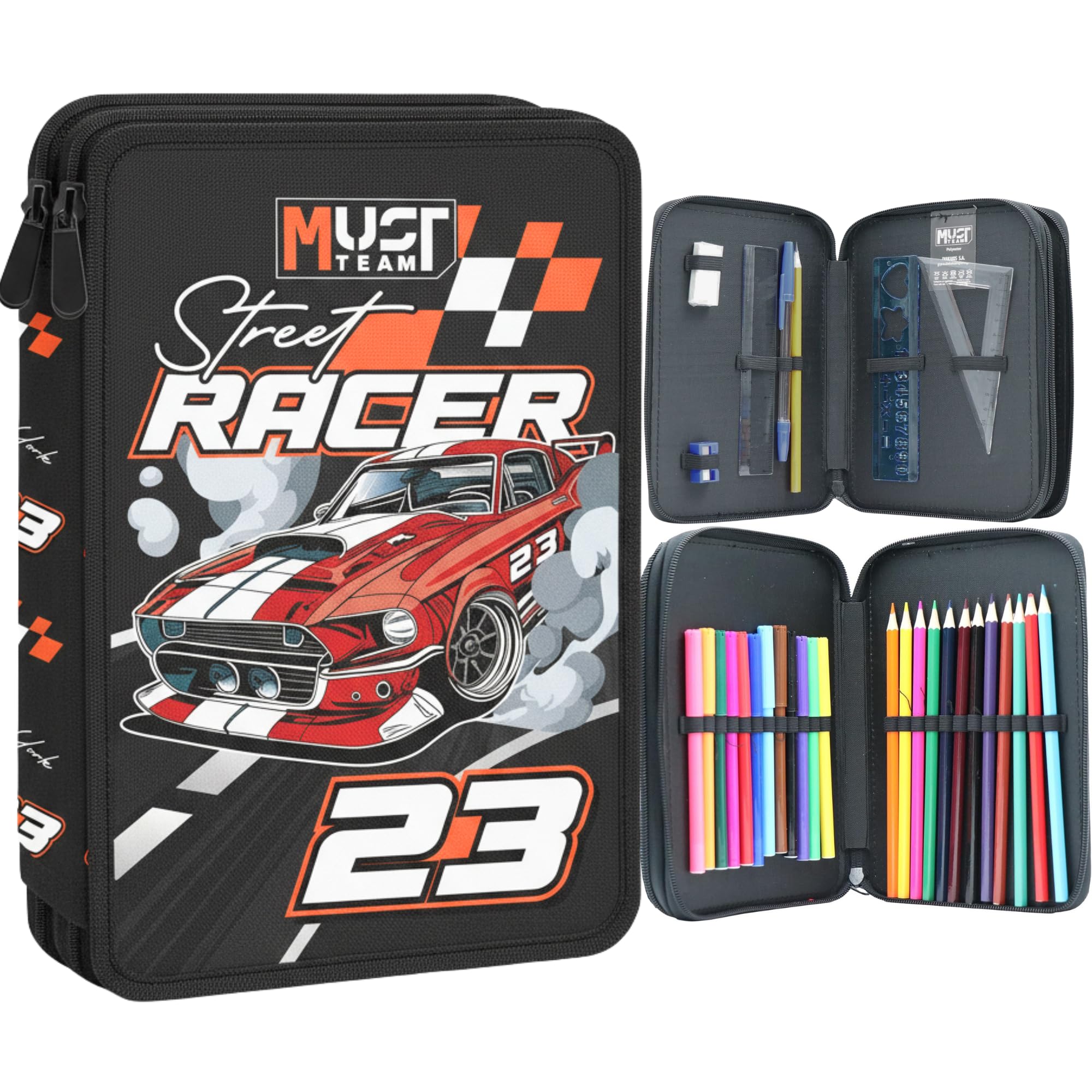 Diakakis Racing Cars Double Compartment Pencil Case Filled with Stationery for Kids | School Supplies Colouring Pencils, Markers | Spacious 2-Zip Design | Durable & Lightweight Gift for Boys โ image 1