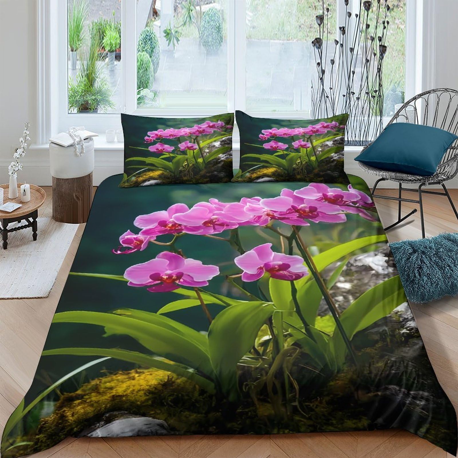Ctjqhvkz Style-3 3D Printed Orchid Flower Fitted Sheet Microfiber Pink Botanical Bed Sheet For Bedroom Guest Room Dustproof Decor Single（135X200cm）