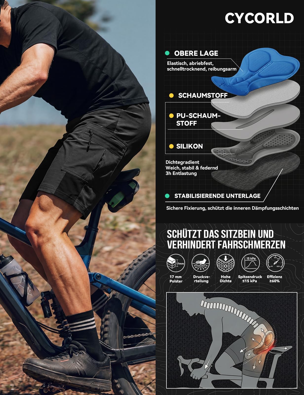 Cycorld MTB Hose Herren Gepolstert: Lockere Fahrradhose mit Abnehmbar Radunterhose 4D Sitzpolster Atmungsaktiv Radhose Shorts