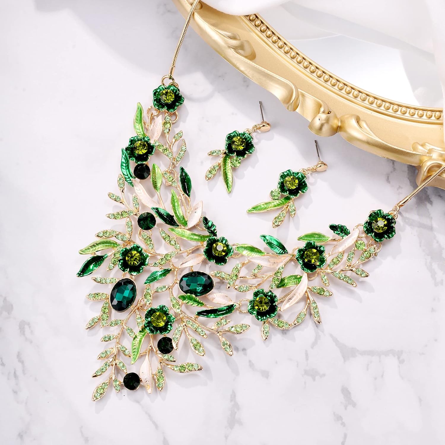 BriLove Wedding Bridal Leaf Cluster Jewelry Set for Women Crystal Flower Enamel Statement Necklace Dangle Earrings - Image 3