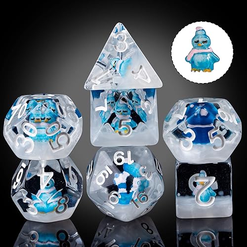 Miniatura 2 de Cusdie Dados DND de 7 troqueles, juego de dados poliédricos rellenos de animales, para juegos de rol, dados D&D (pingüino azul)